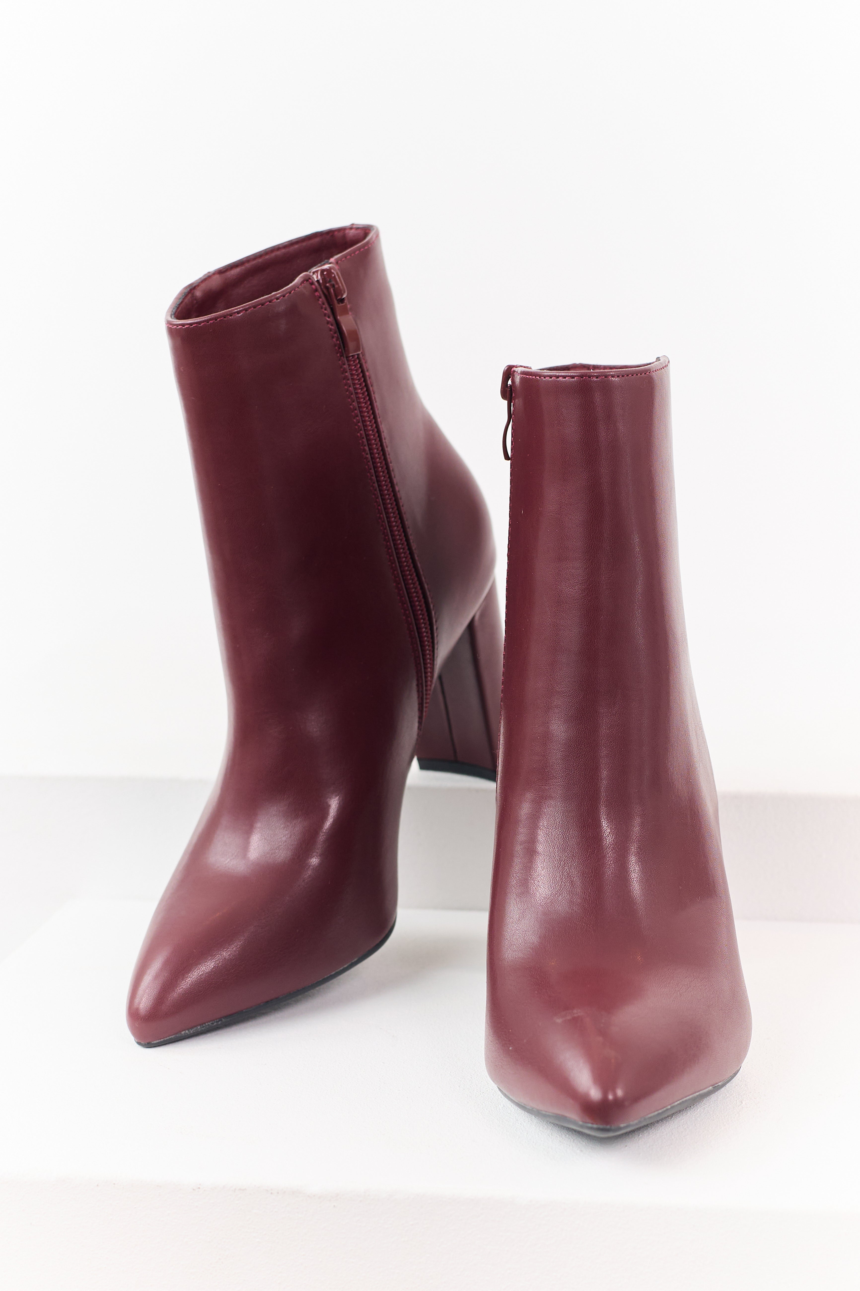 Maroon Faux Leather Pointed Toe Block Heel Booties