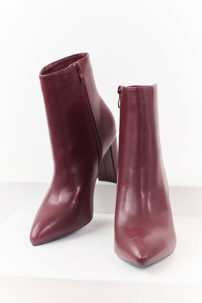 Maroon Faux Leather Pointed Toe Block Heel Booties