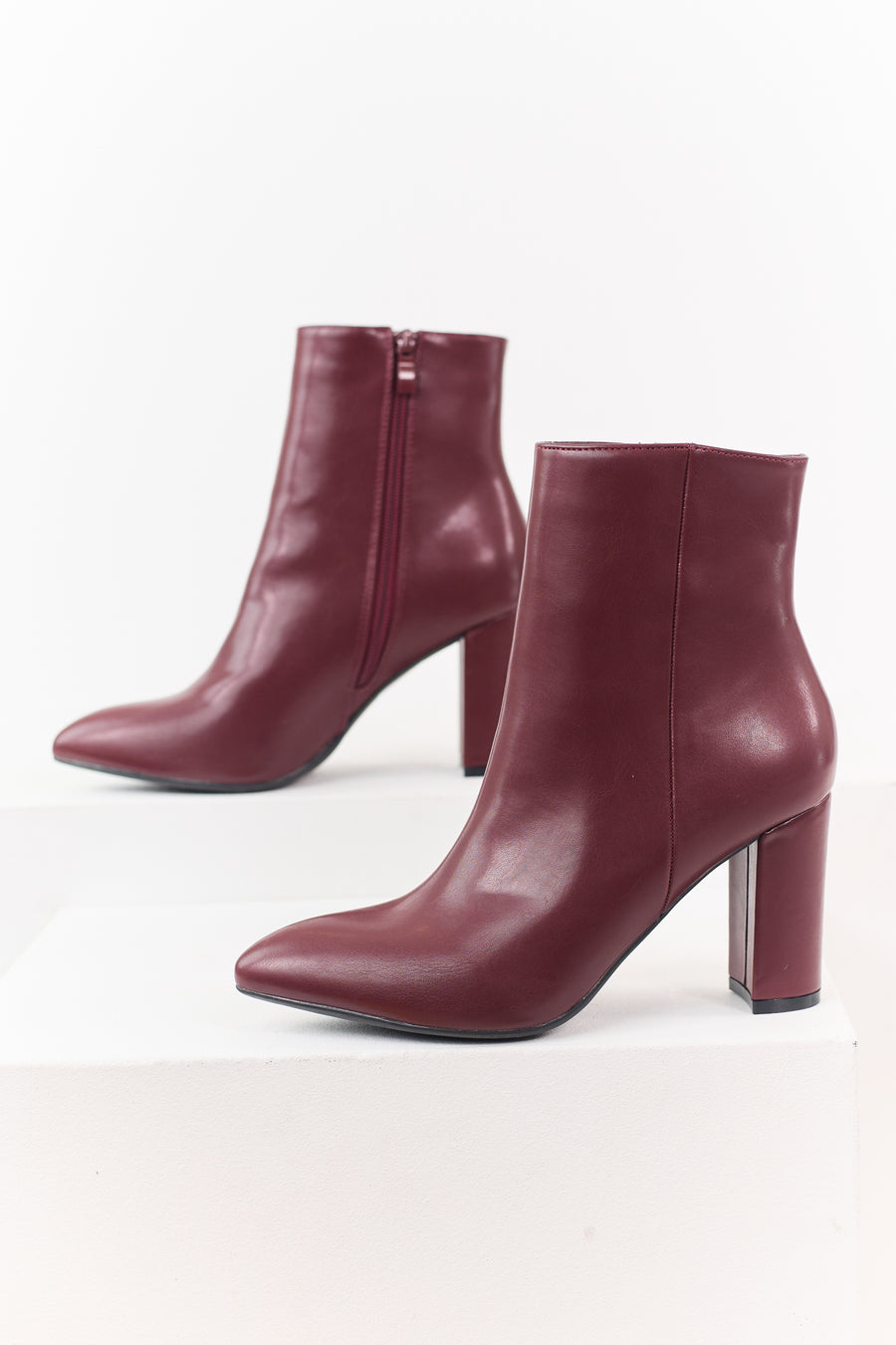 Maroon Faux Leather Pointed Toe Block Heel Booties