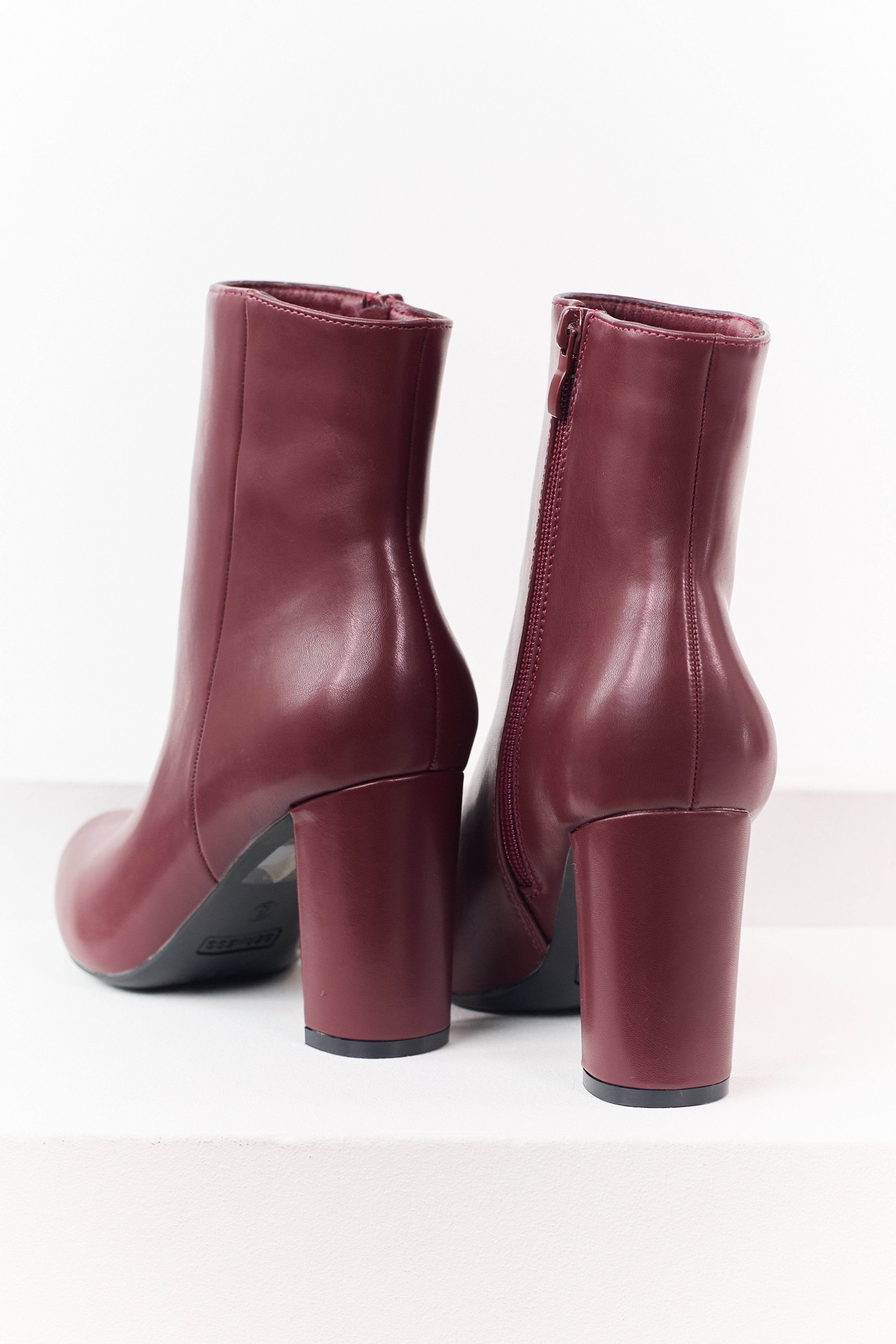 Maroon Faux Leather Pointed Toe Block Heel Booties