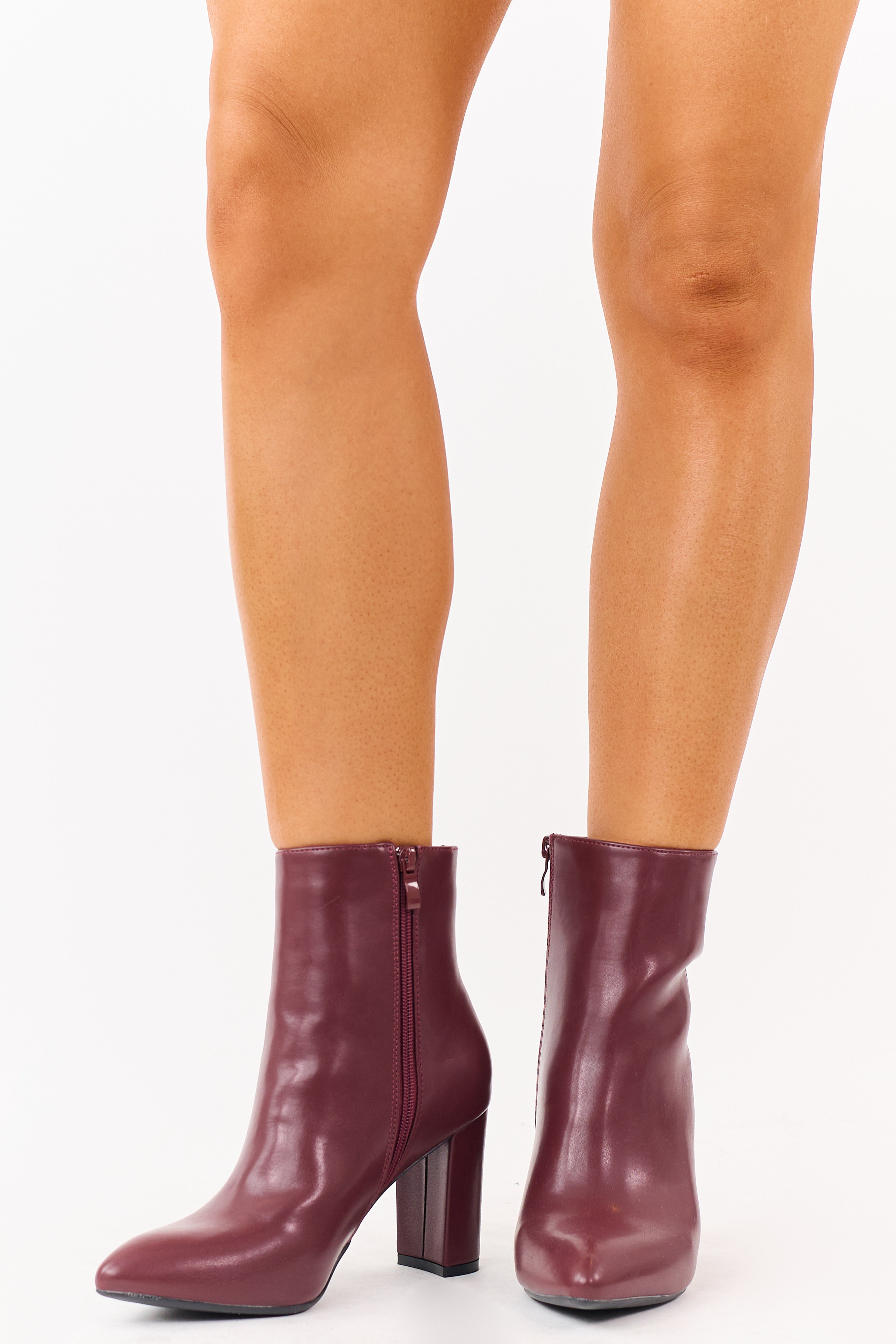 Maroon Faux Leather Pointed Toe Block Heel Booties