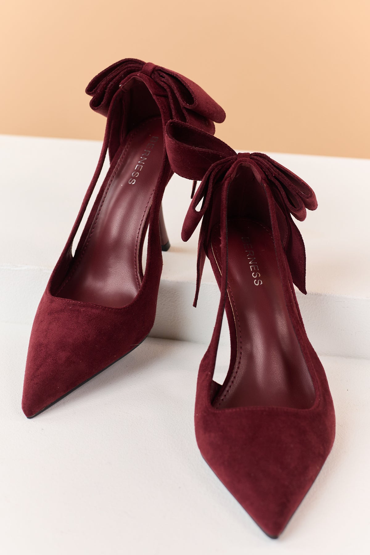 Maroon Faux Suede Bow Sling Back Stiletto Heels