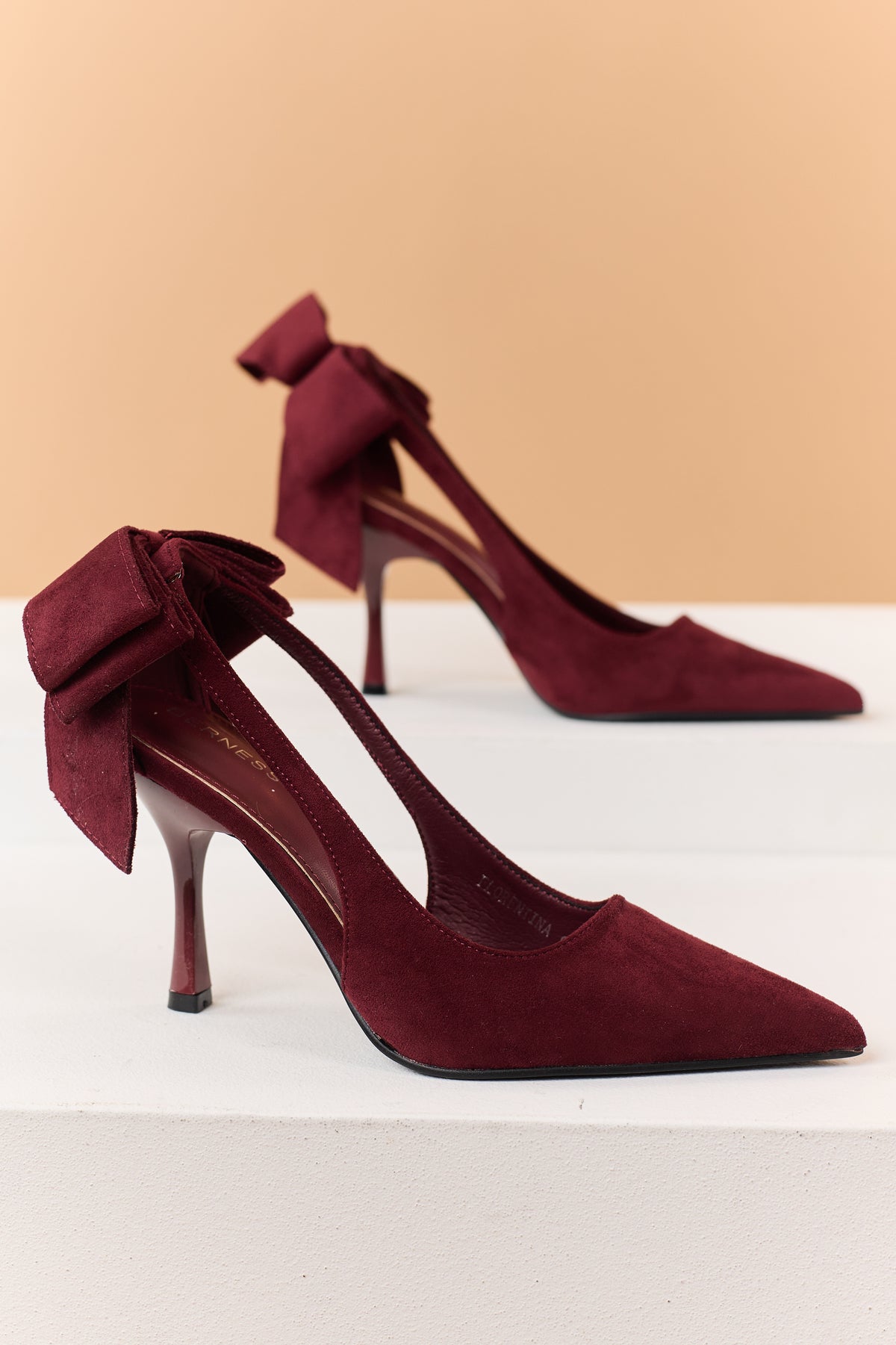 Maroon Faux Suede Bow Sling Back Stiletto Heels