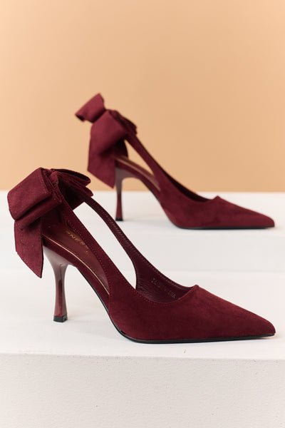 Maroon Faux Suede Bow Sling Back Stiletto Heels