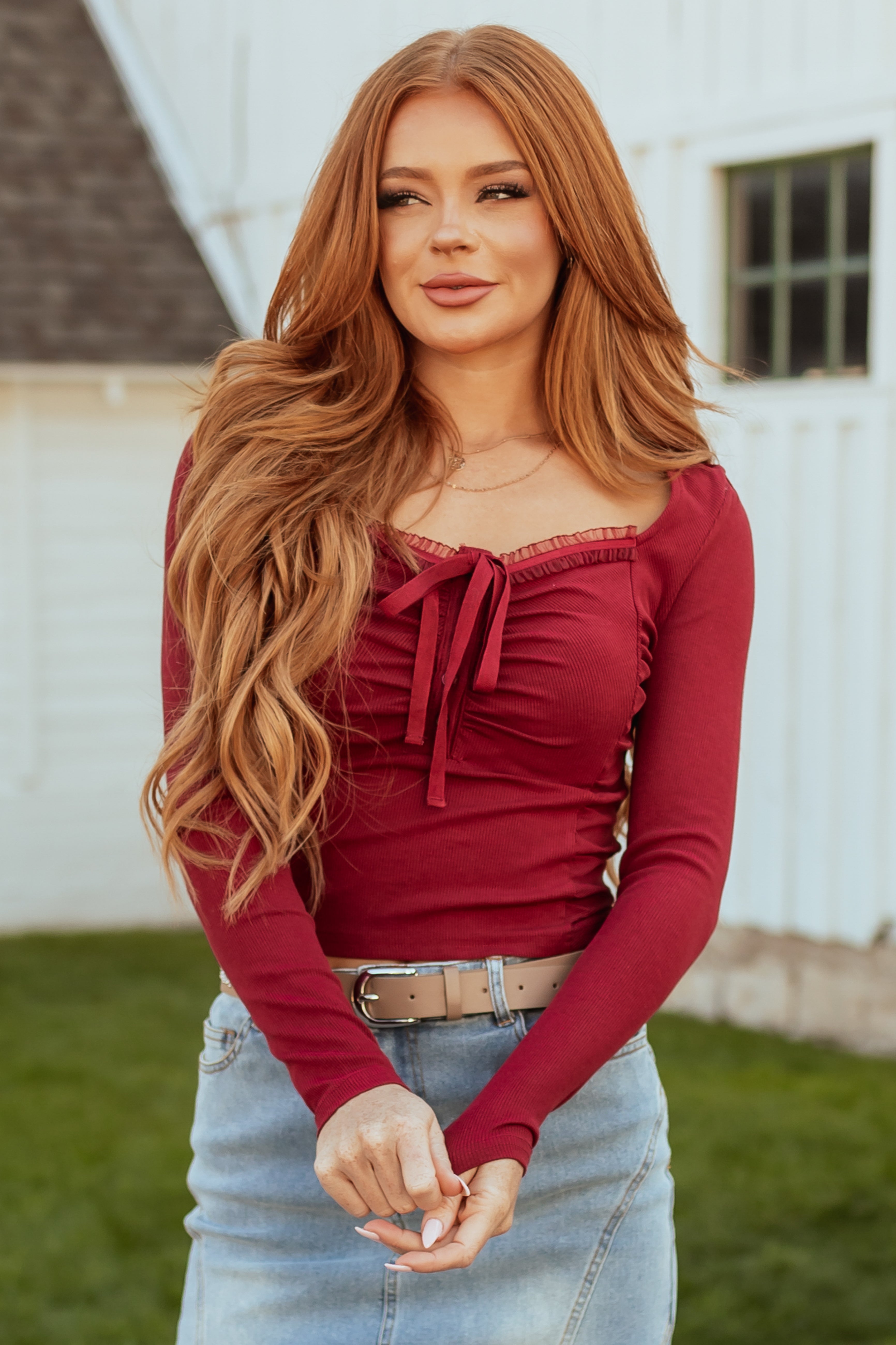 Maroon Front Tie Detail Ruched Long Sleeve Top | Lime Lush Boutique