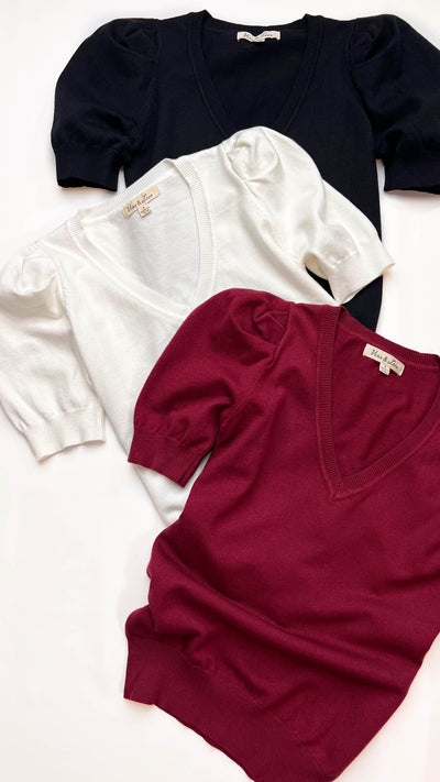 Maroon Half Puff Sleeve V Neck Soft Sweater