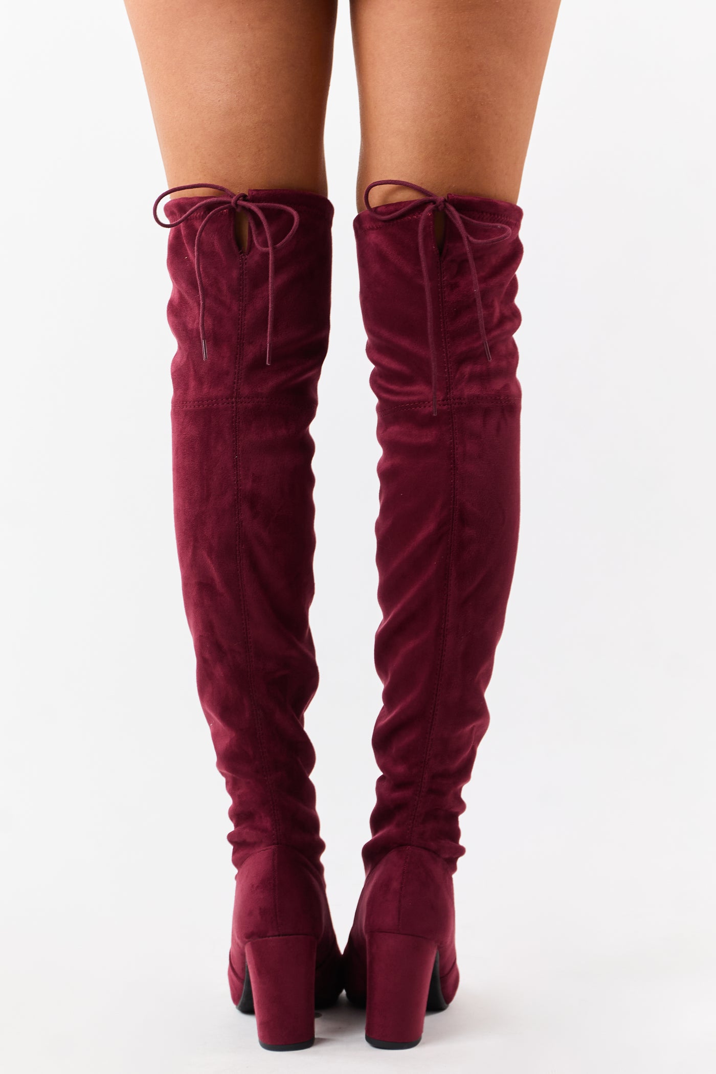 Maroon Over the Knee Microsuede Drawstring Boots