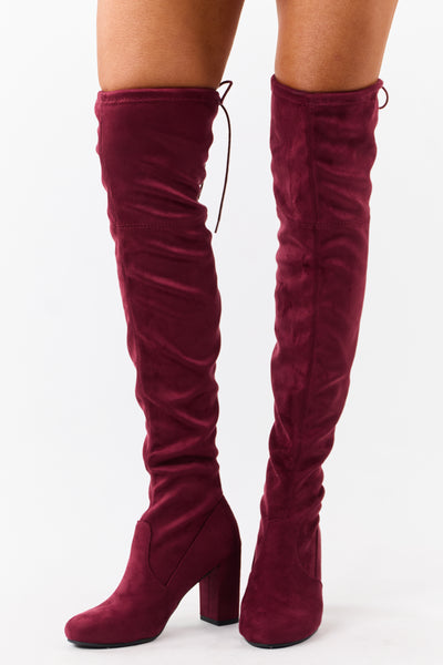 Maroon Over the Knee Microsuede Drawstring Boots