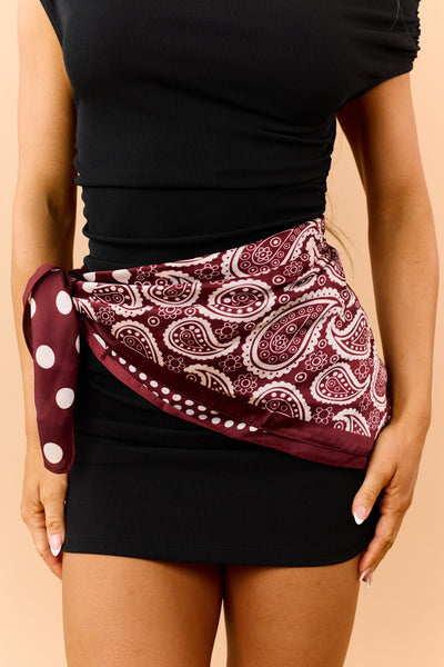 Maroon Satin Paisley and Polka Dot Bandana Scarf