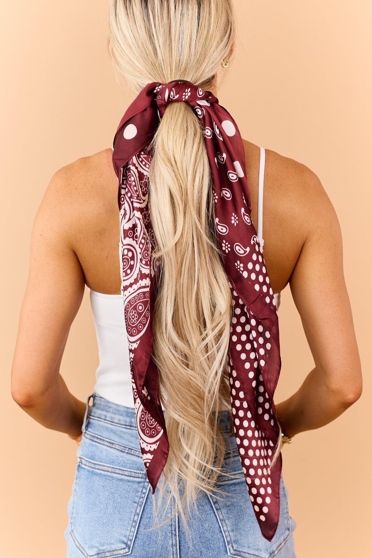 Maroon Satin Paisley and Polka Dot Bandana Scarf