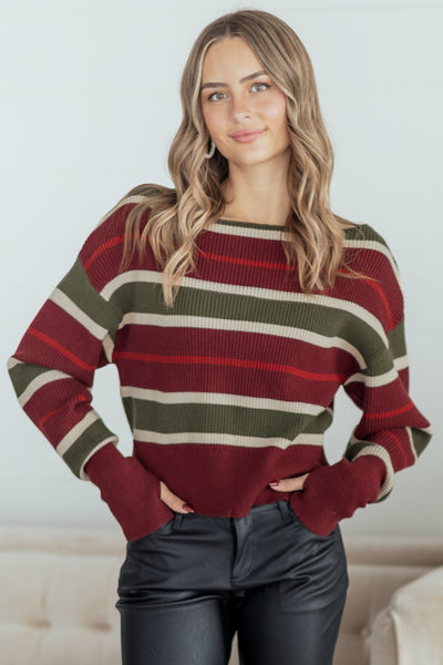 Maroon Striped Waffle Knit One Shoulder Sweater