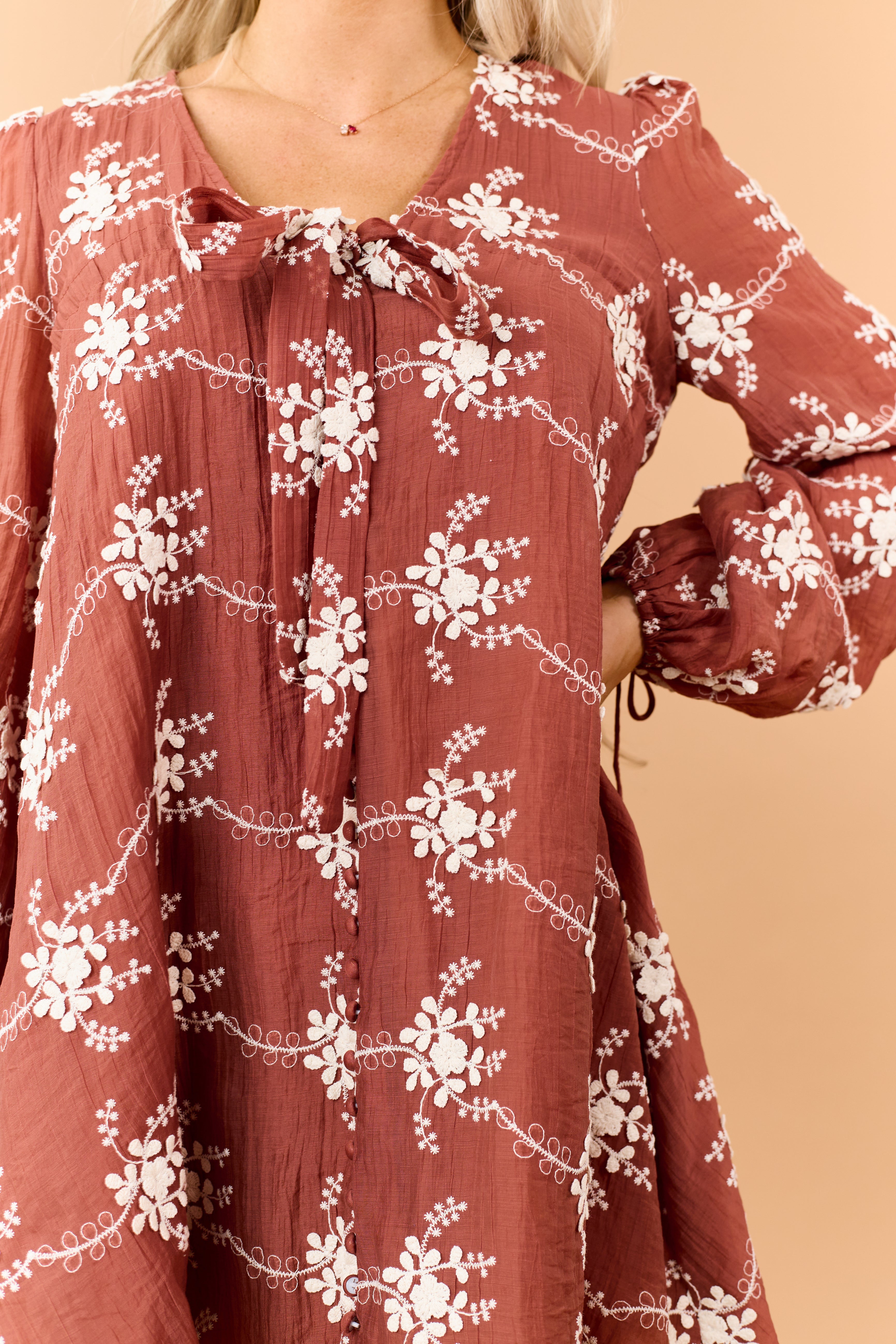Marsala Floral Applique Embroidered Flowy Mini Dress