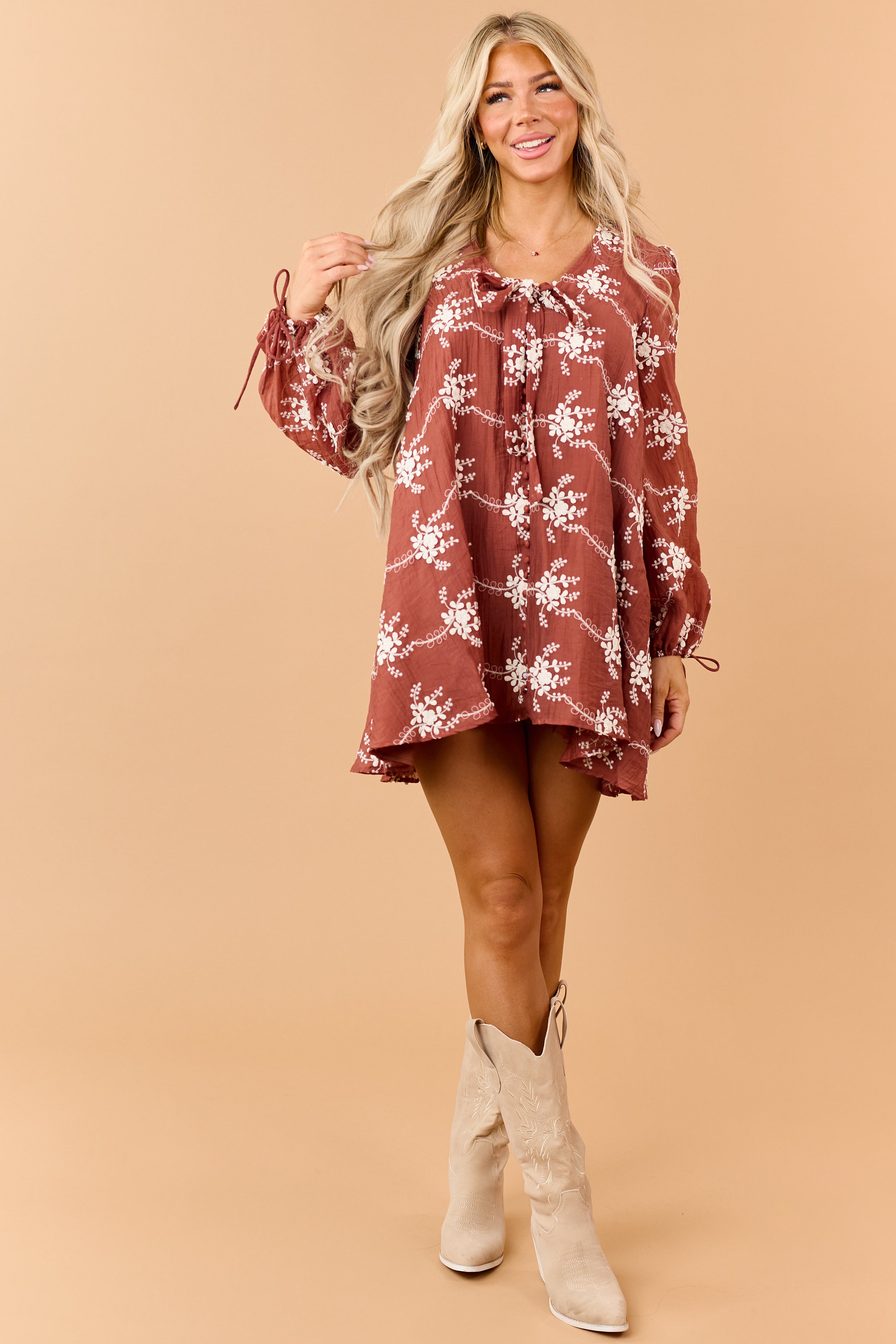 Marsala Floral Applique Embroidered Flowy Mini Dress