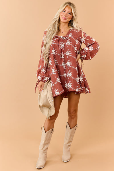 Marsala Floral Applique Embroidered Flowy Mini Dress