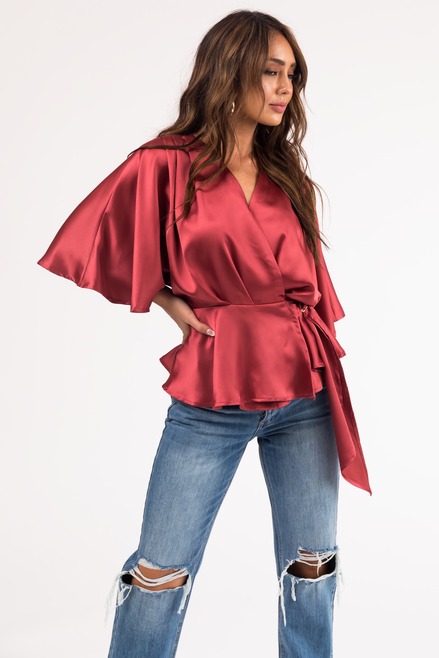 Marsala Flutter Sleeve Wrap Satin Blouse | Lime Lush