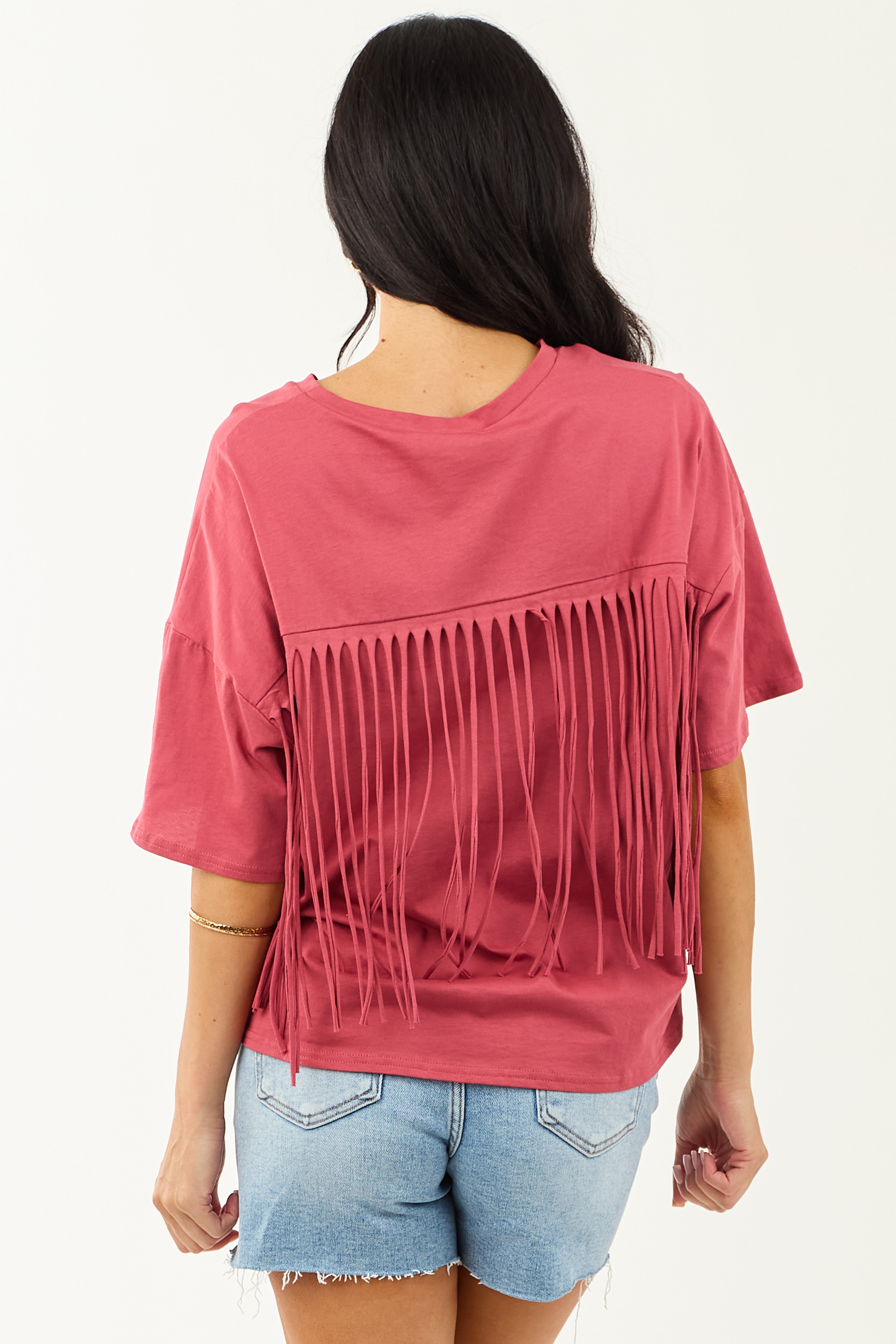 Marsala Half Sleeve Cotton Back Fringe Top | Lime Lush Boutique