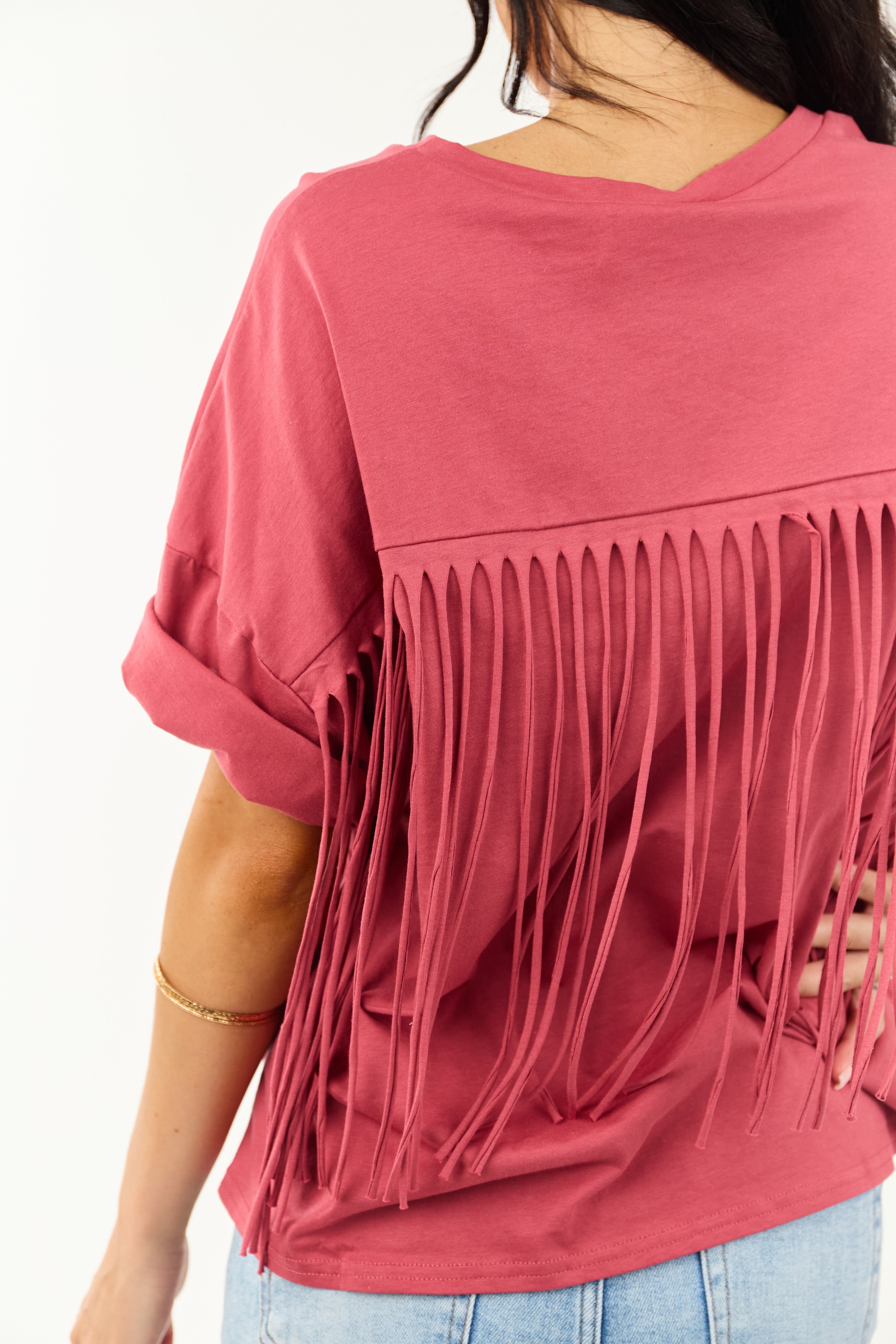 Marsala Half Sleeve Cotton Back Fringe Top | Lime Lush Boutique