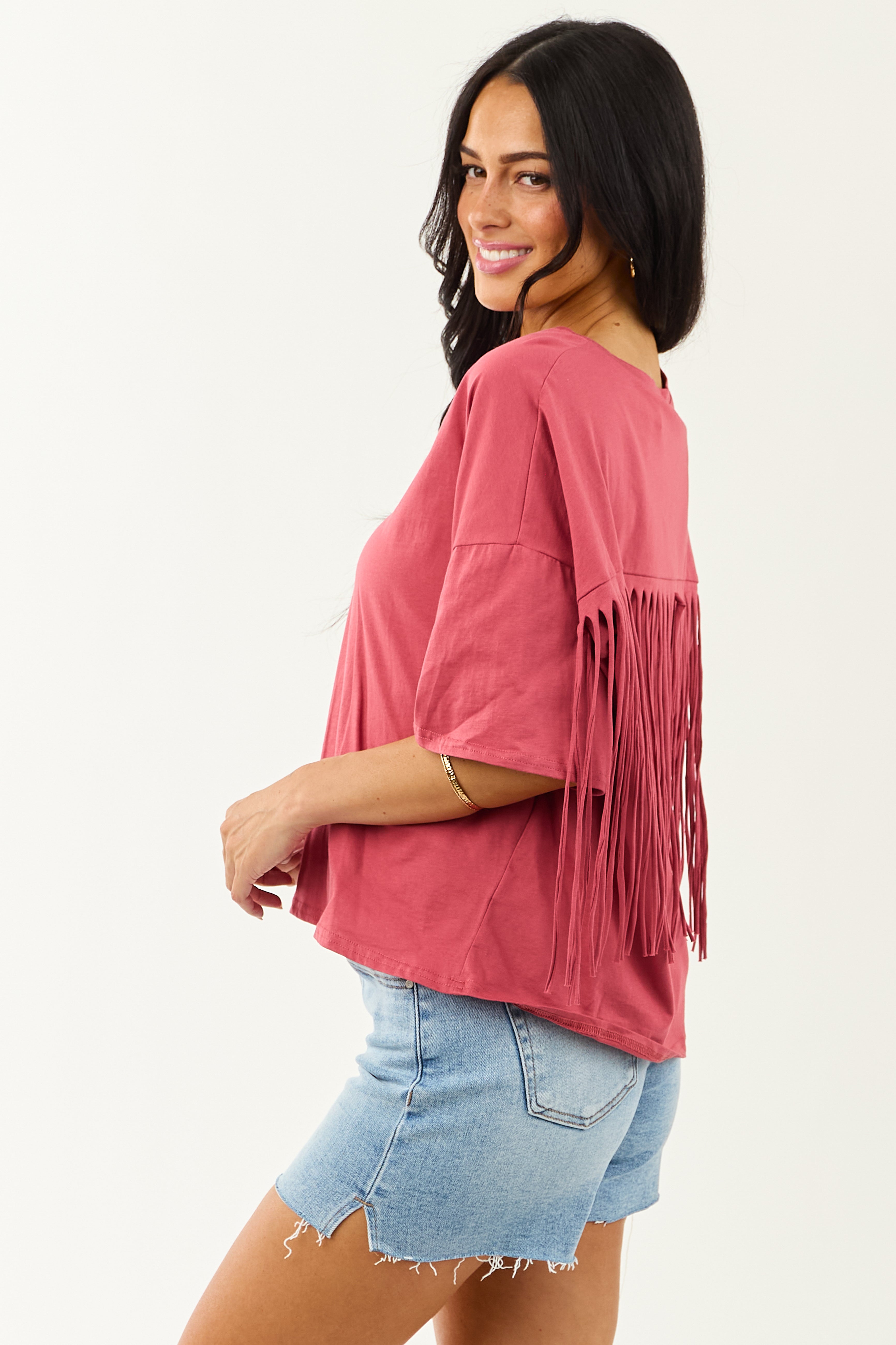Marsala Half Sleeve Cotton Back Fringe Top | Lime Lush Boutique