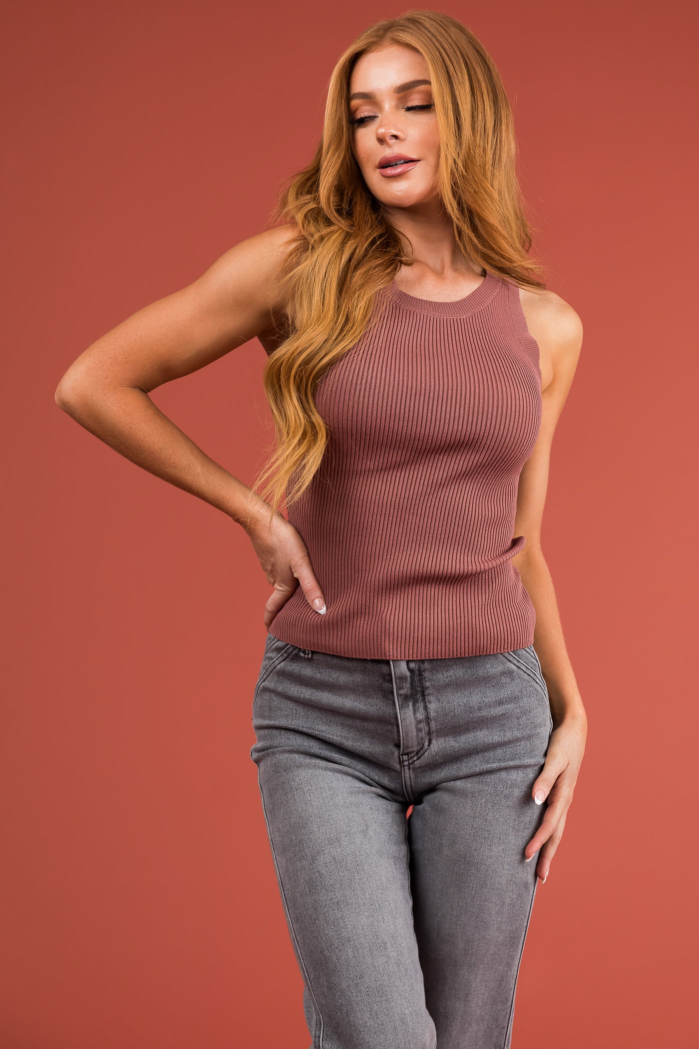 Marsala Ribbed Knit Fitted Tank Top