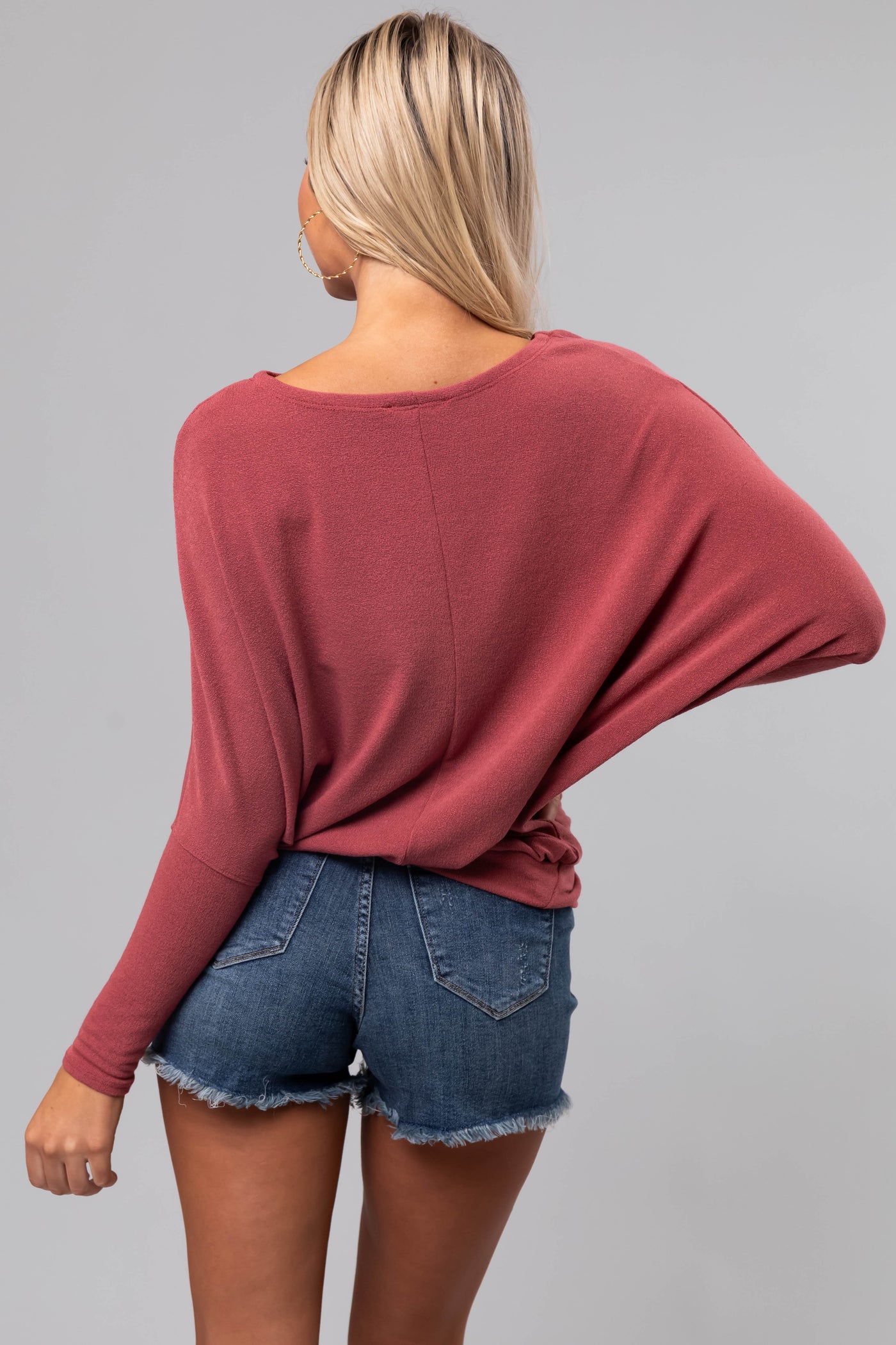 Marsala Round Neck Knit Top with Long Dolman Sleeves