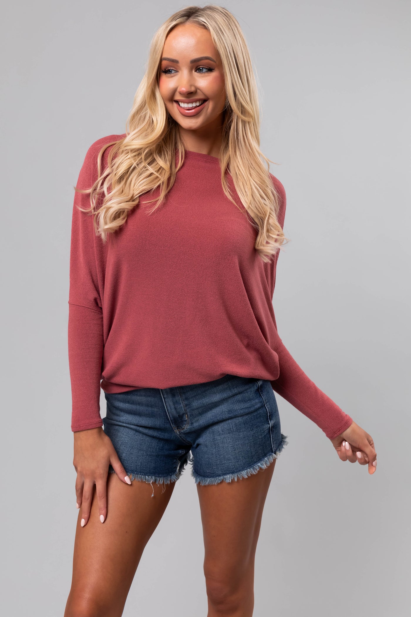 Marsala Round Neck Knit Top with Long Dolman Sleeves