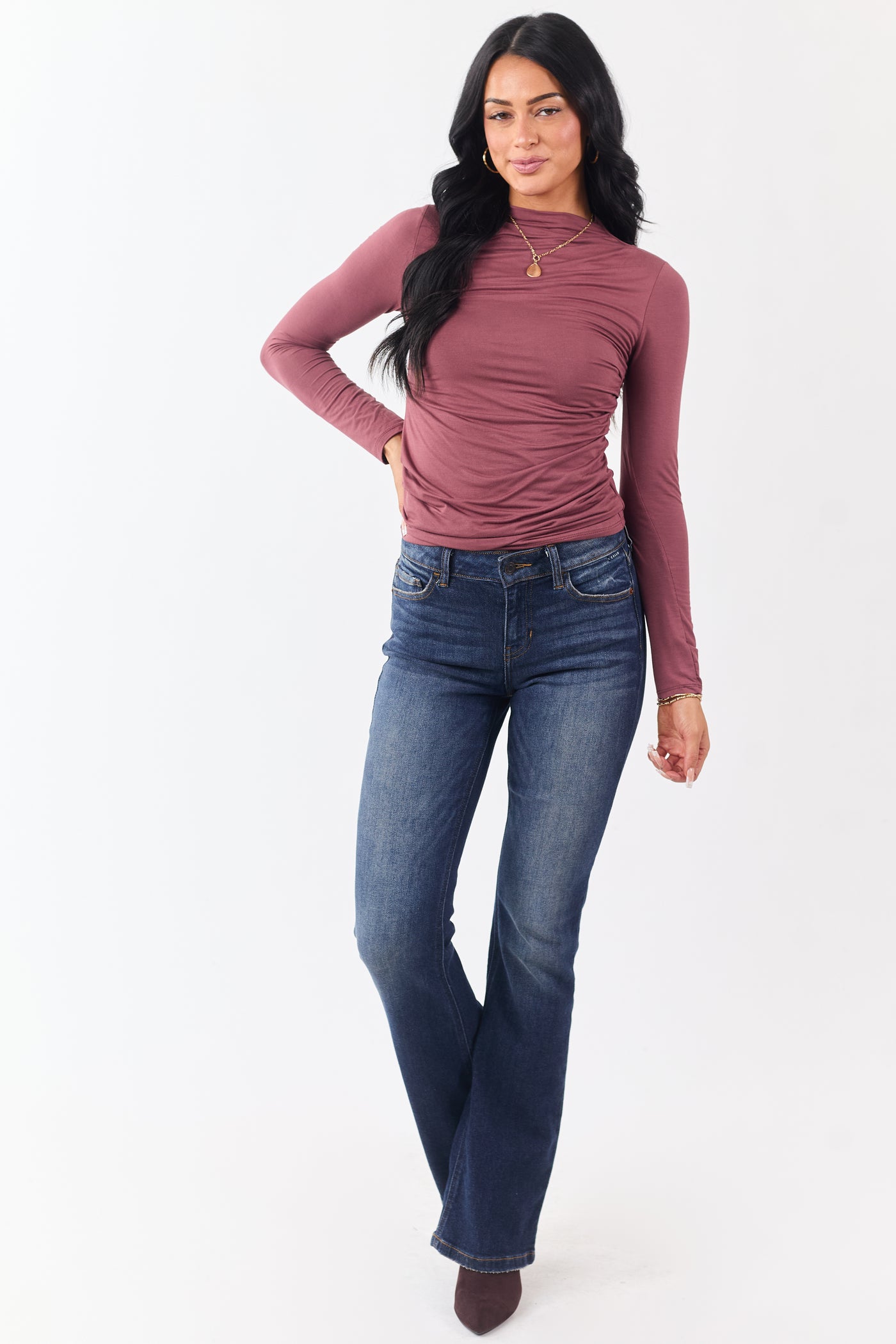 Marsala Ruched High Neck Double Layer Top