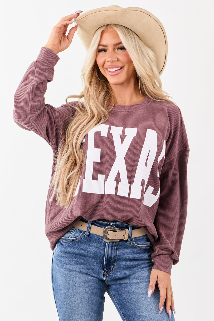 Marsala 'Texas' Graphic Long Sleeve Rib Knit Sweater