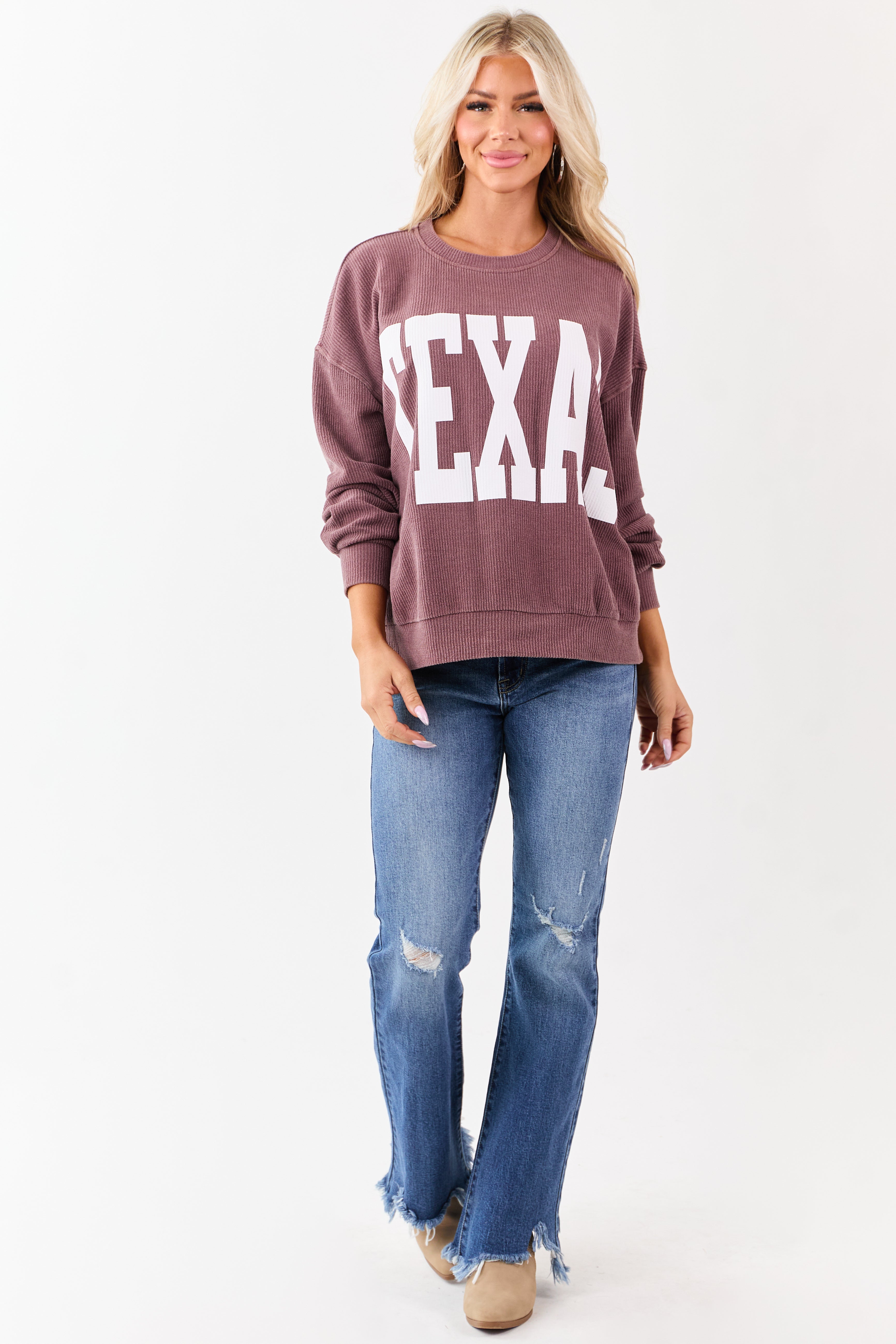 Marsala 'Texas' Graphic Long Sleeve Rib Knit Sweater