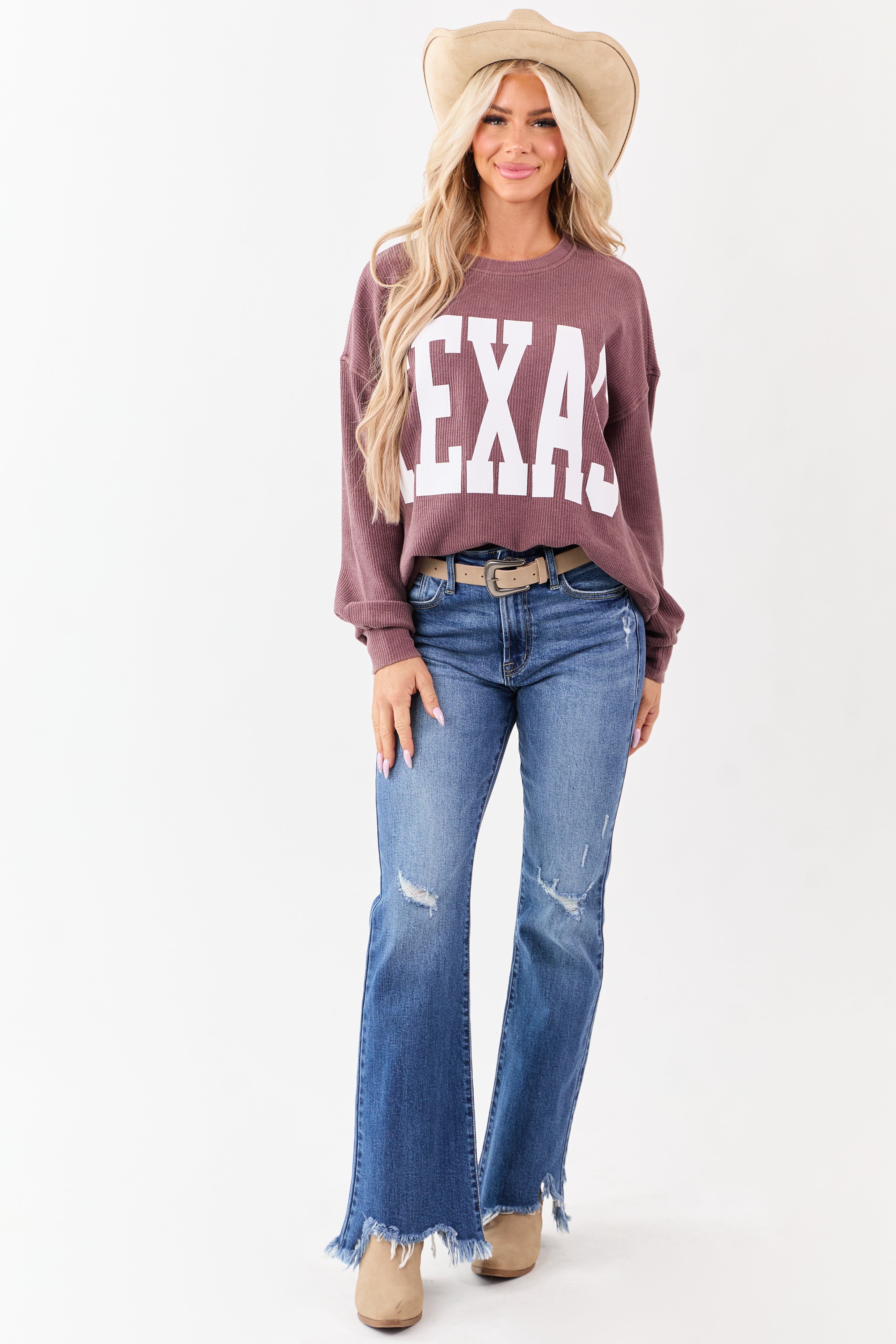 Marsala 'Texas' Graphic Long Sleeve Rib Knit Sweater