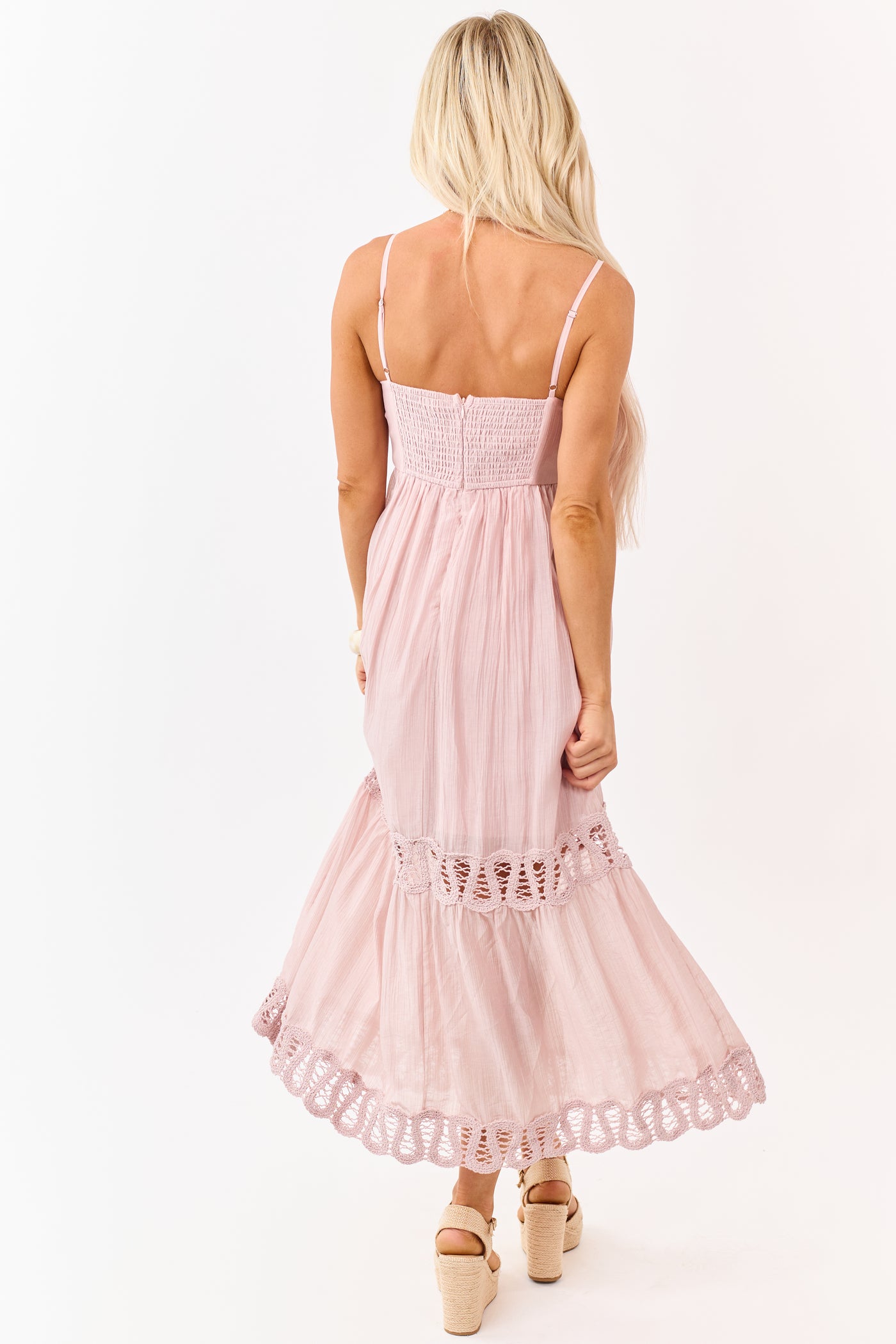 Mauve Crochet Lace Tiered Babydoll Midi Dress