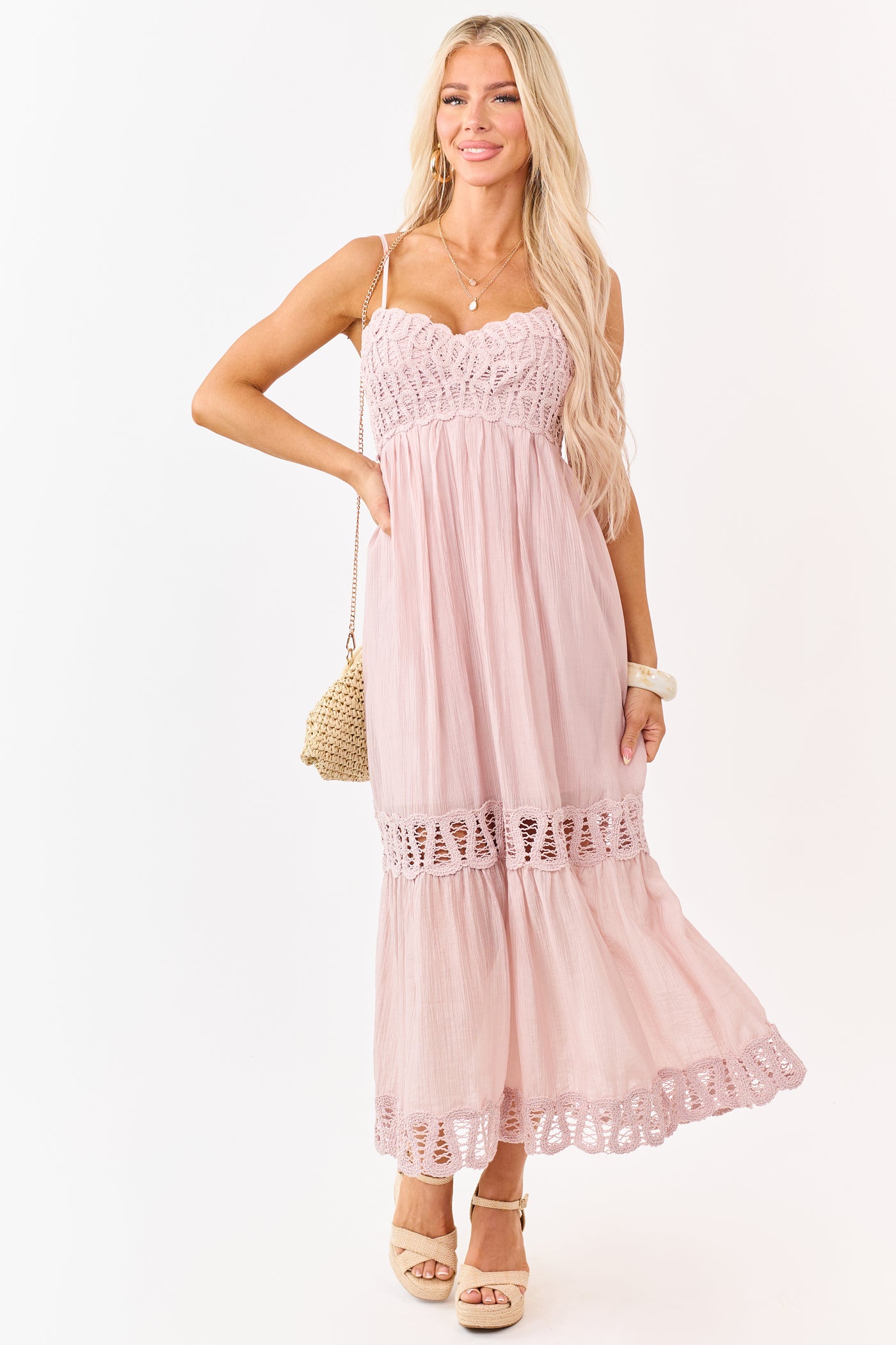 Mauve Crochet Lace Tiered Babydoll Midi Dress Mauve Crochet Lace Tiered Babydoll Midi Dress