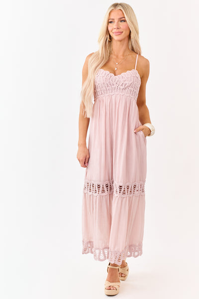 Mauve Crochet Lace Tiered Babydoll Midi Dress
