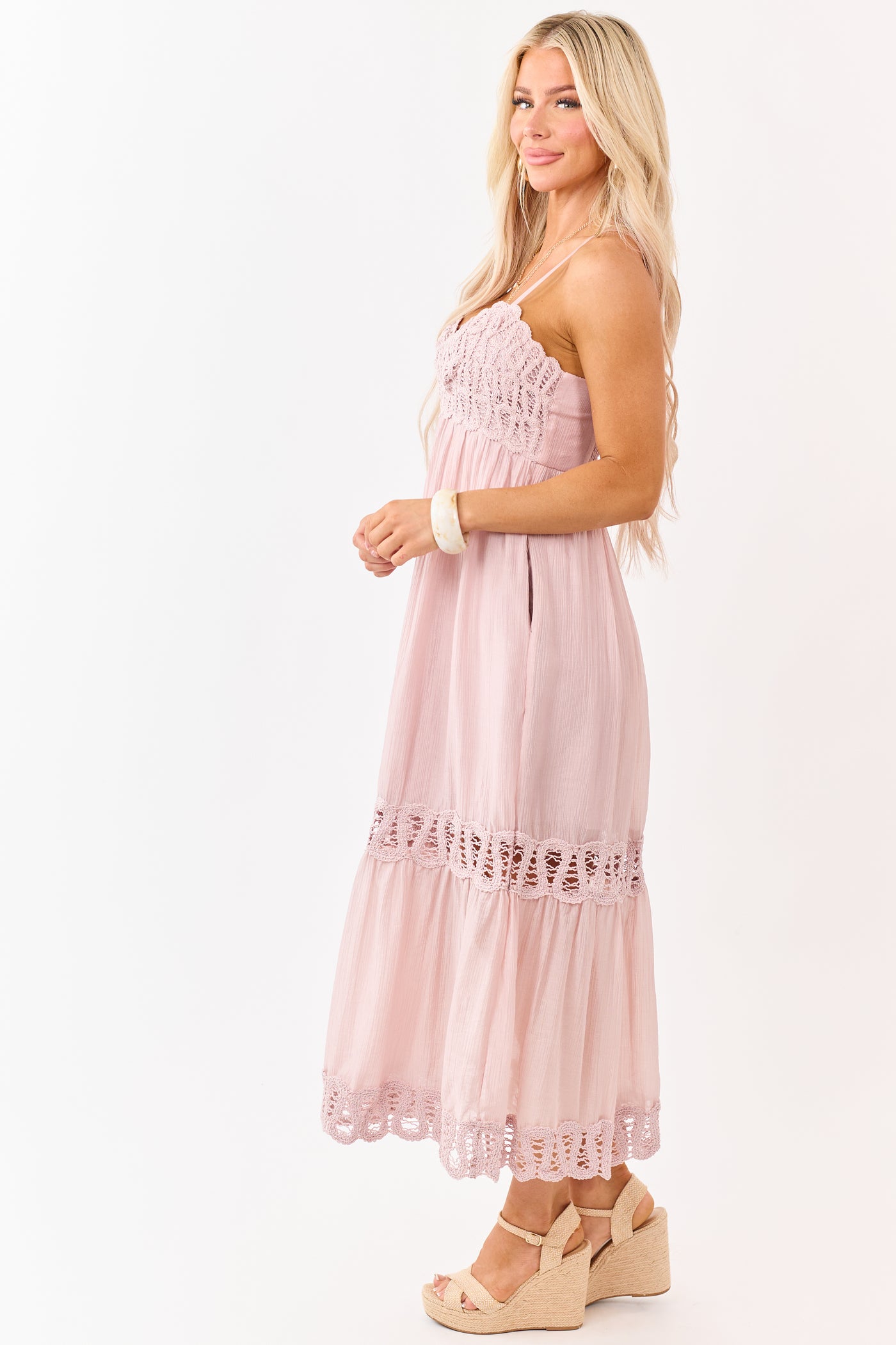 mauve pink midi dress Mauve Crochet Lace Tiered Babydoll Midi Dress