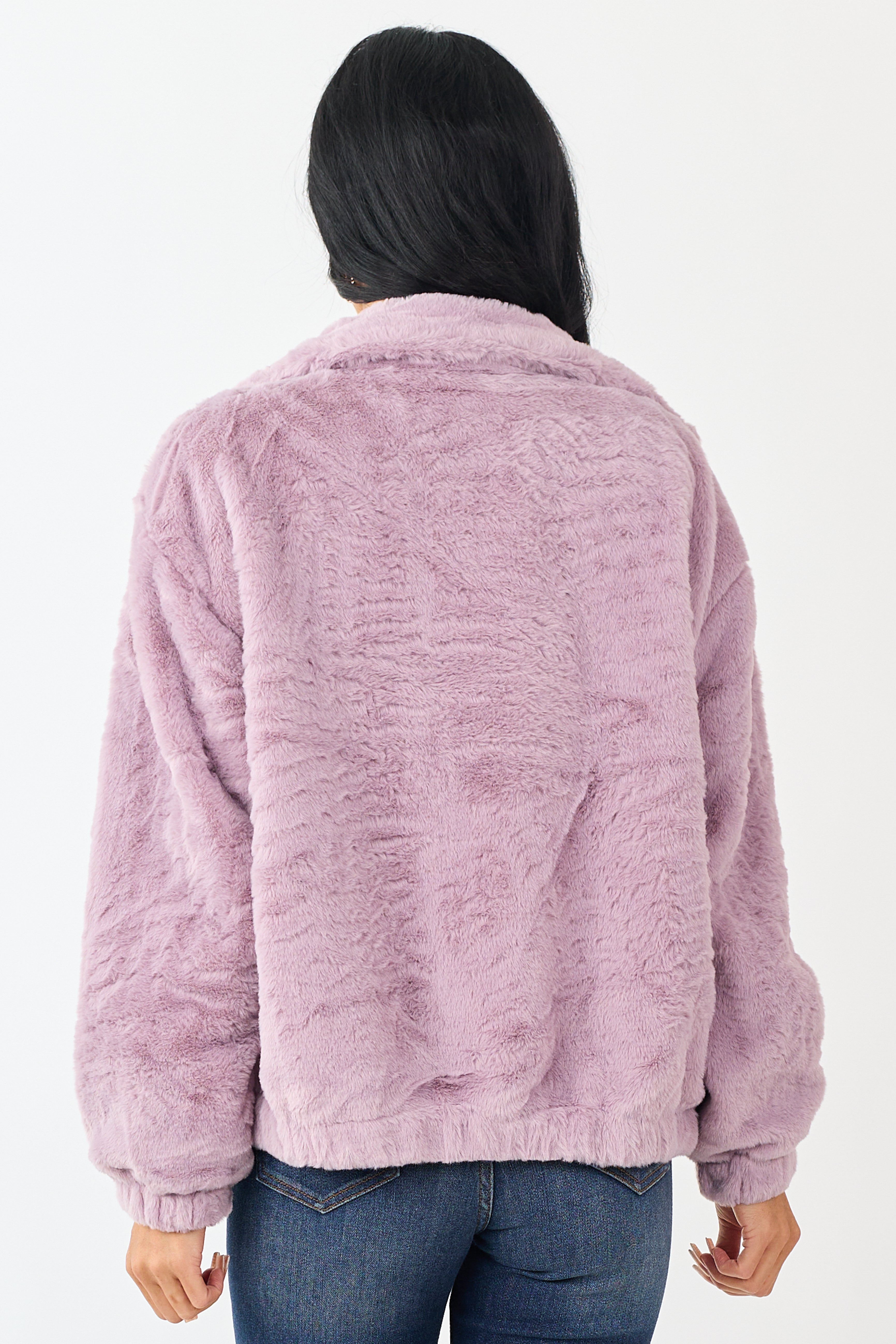 Mauve Faux Fur Zip Up Collared Jacket