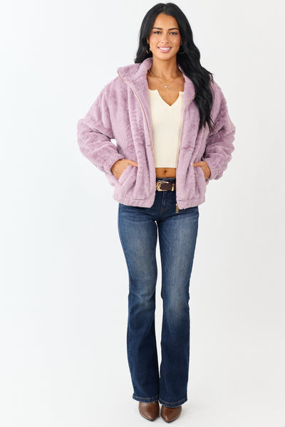 Mauve Faux Fur Zip Up Collared Jacket