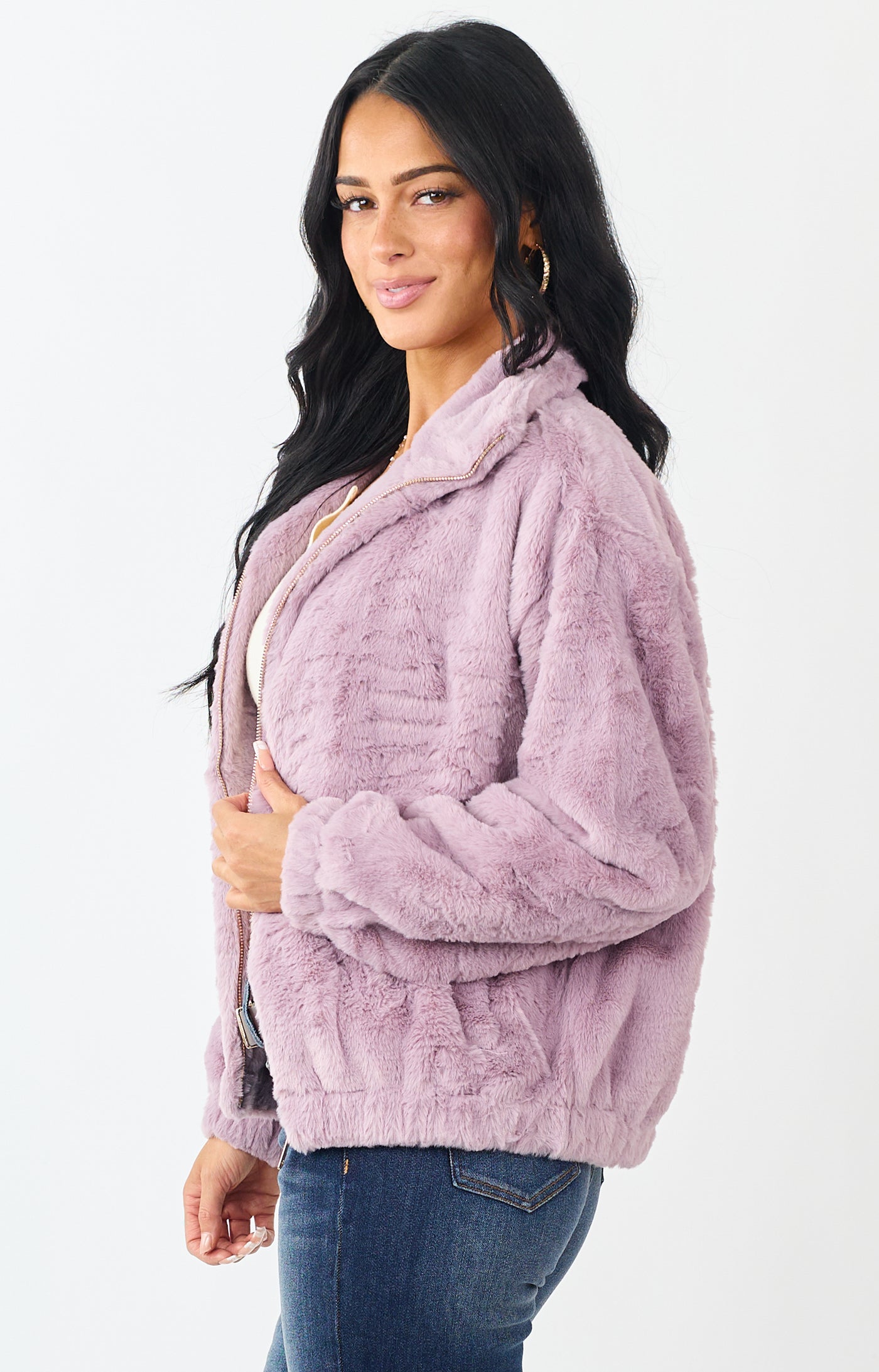 Mauve Faux Fur Zip Up Collared Jacket