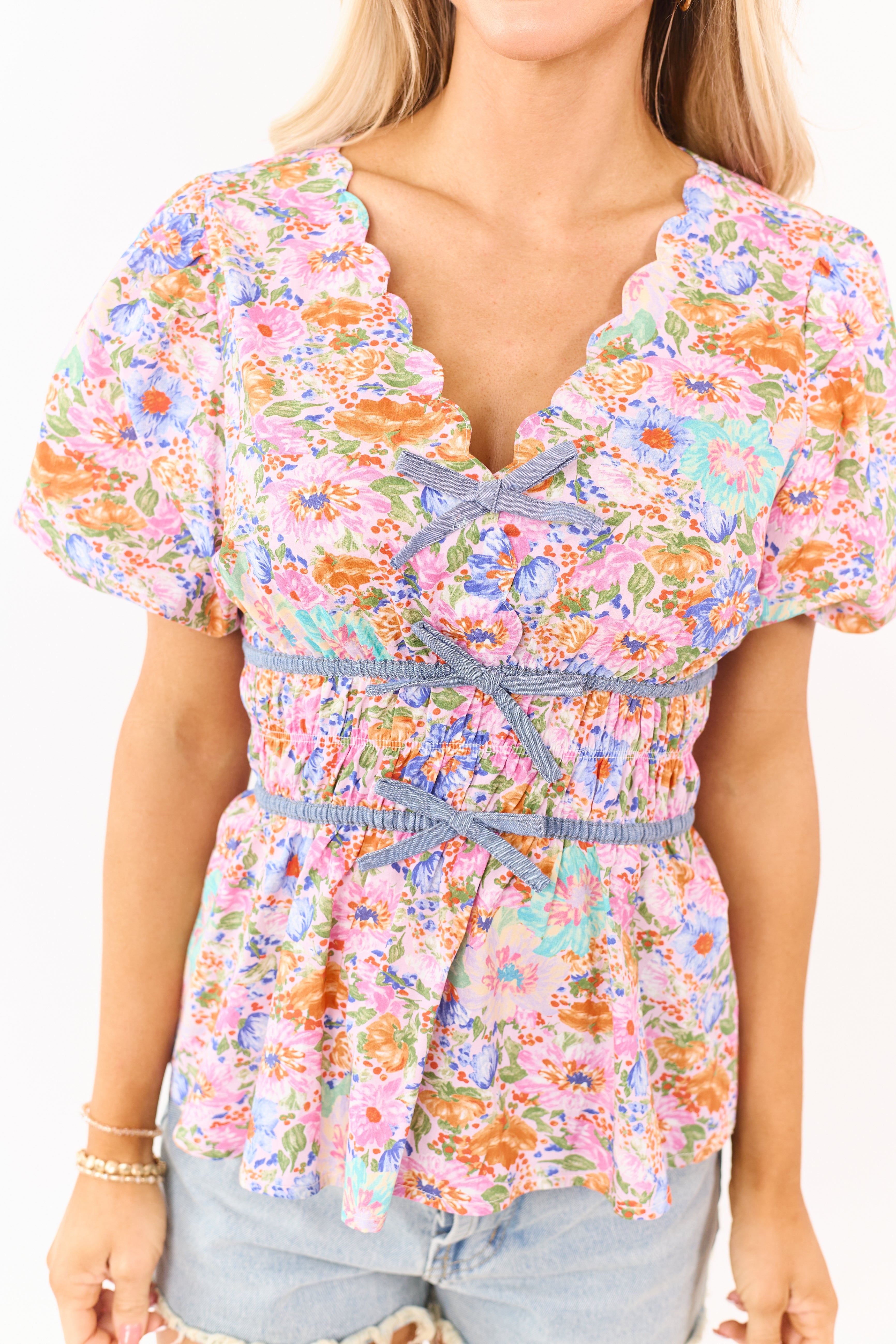 Mauve Floral Cotton Smocked Waist Peplum Top