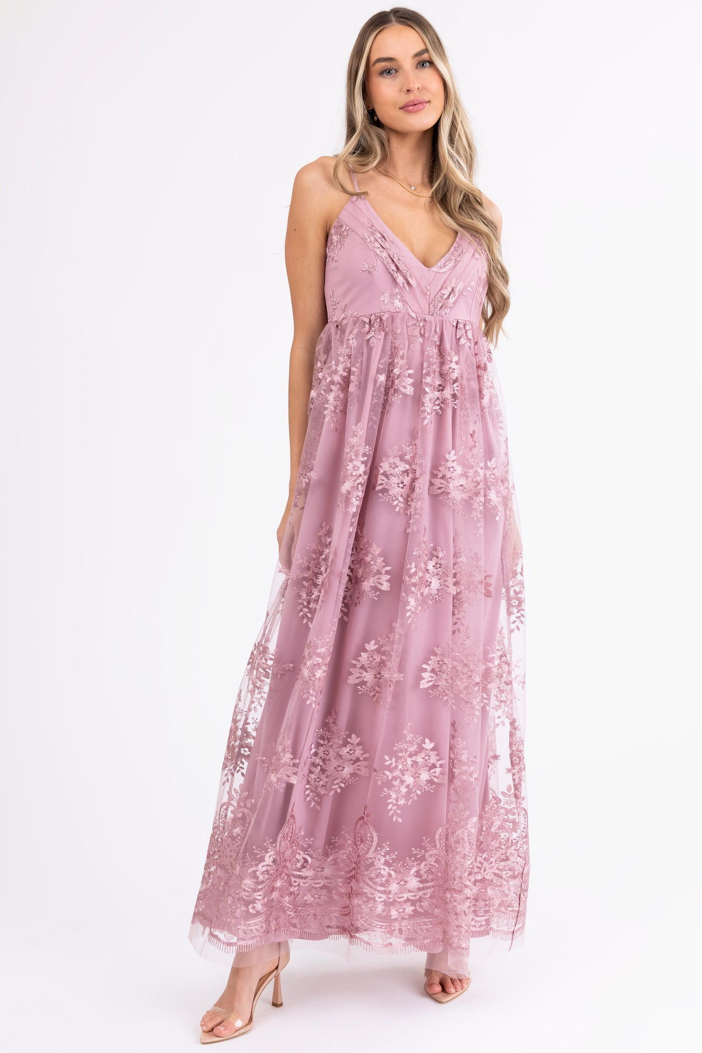 Mauve Floral Detail Sleeveless Maxi Dress