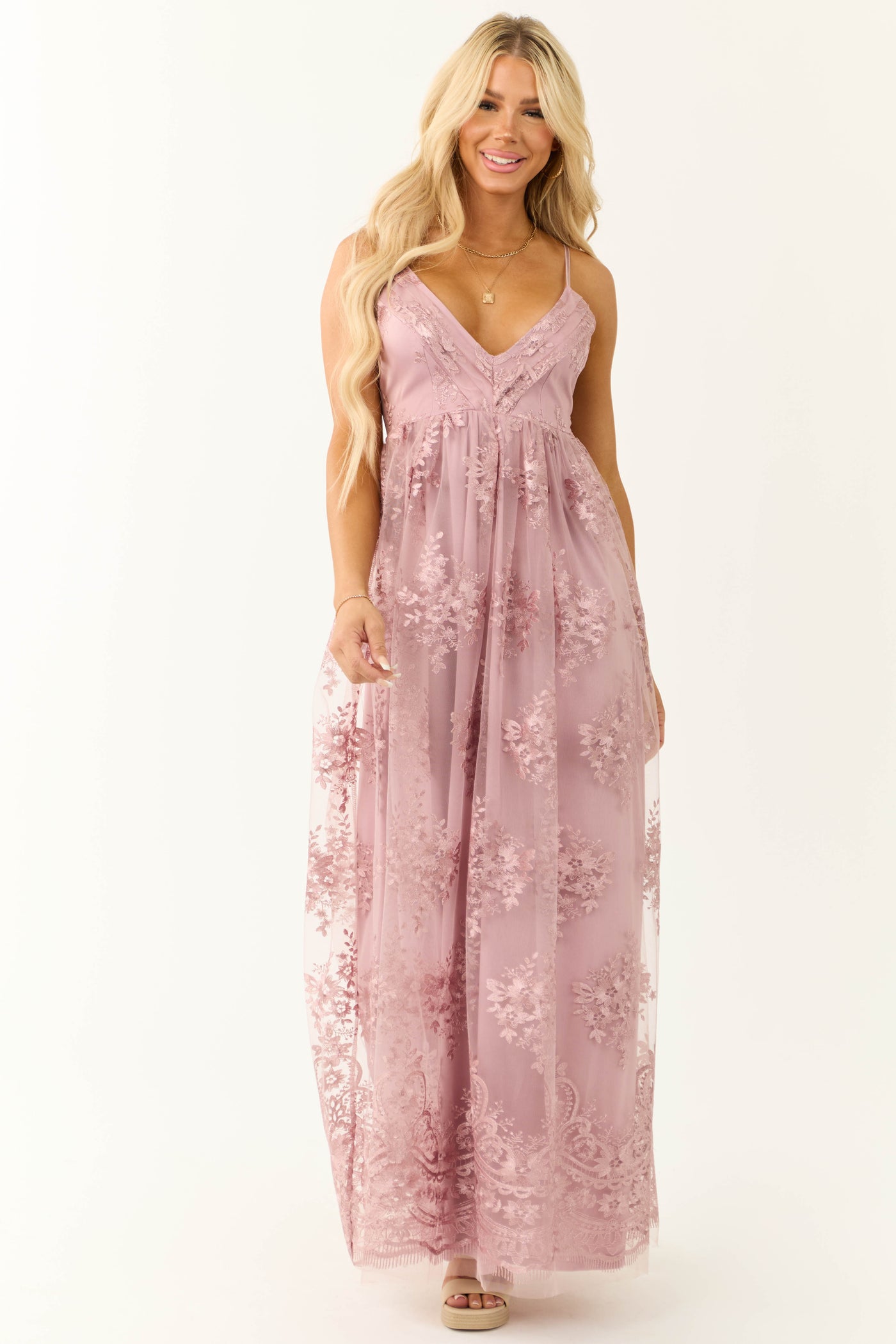 Mauve Floral Detail Sleeveless Maxi Dress | Lime Lush Boutique