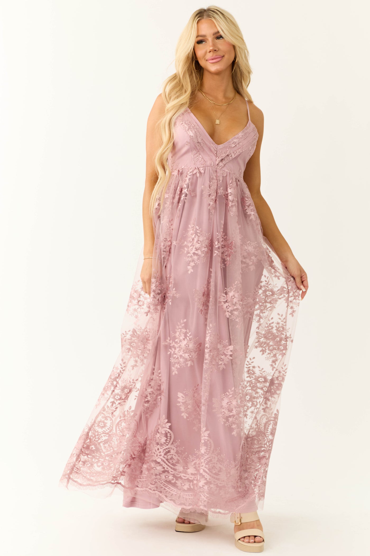 Mauve Floral Detail Sleeveless Maxi Dress | Lime Lush Boutique