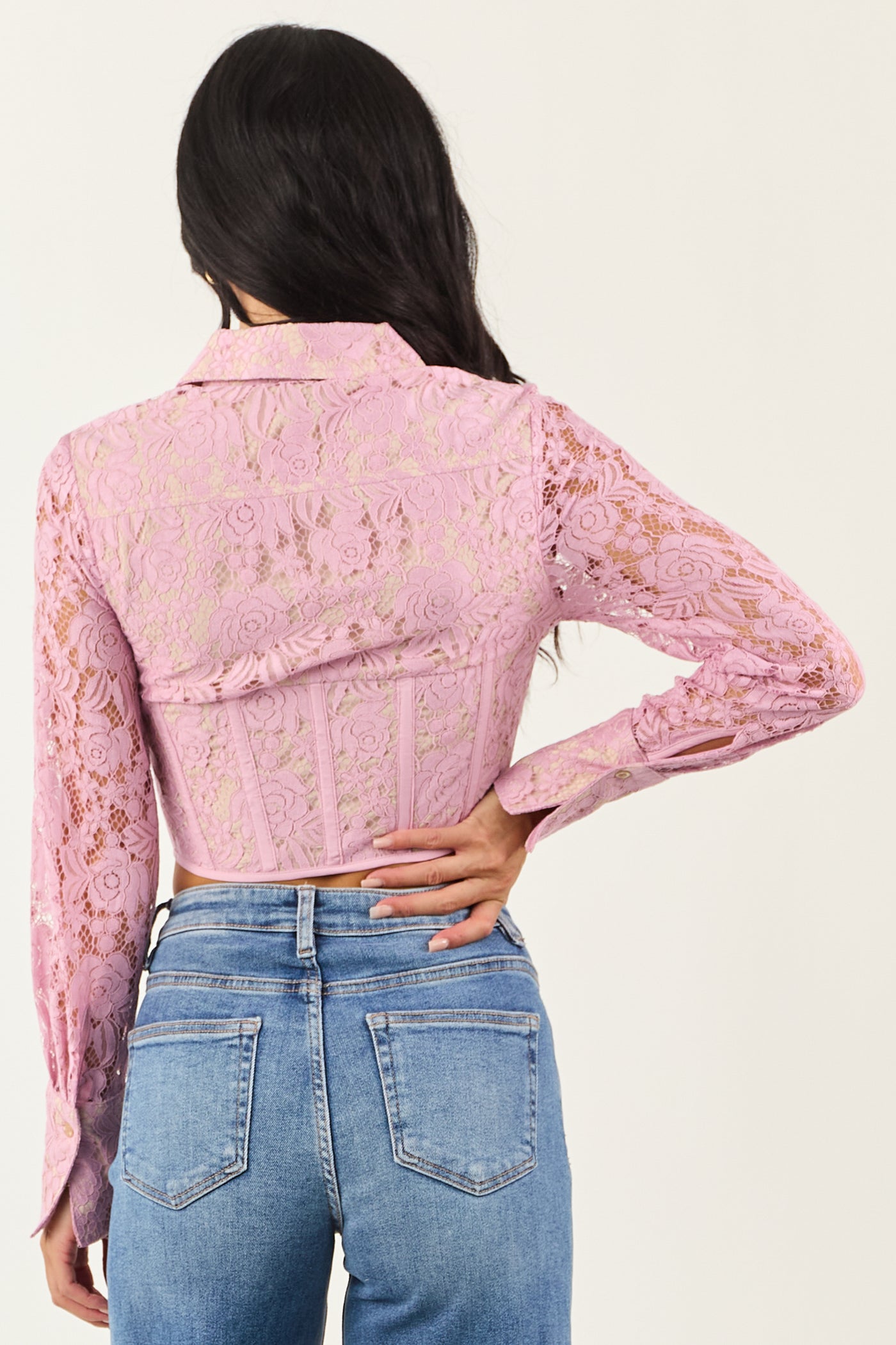 Mauve Floral Lace Button Down Corset Long Sleeve Top