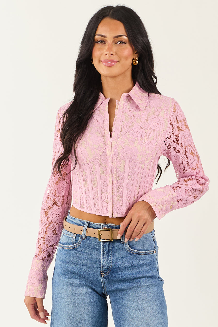 Mauve Floral Lace Button Down Corset Long Sleeve Top