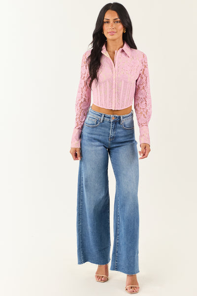 Mauve Floral Lace Button Down Corset Long Sleeve Top