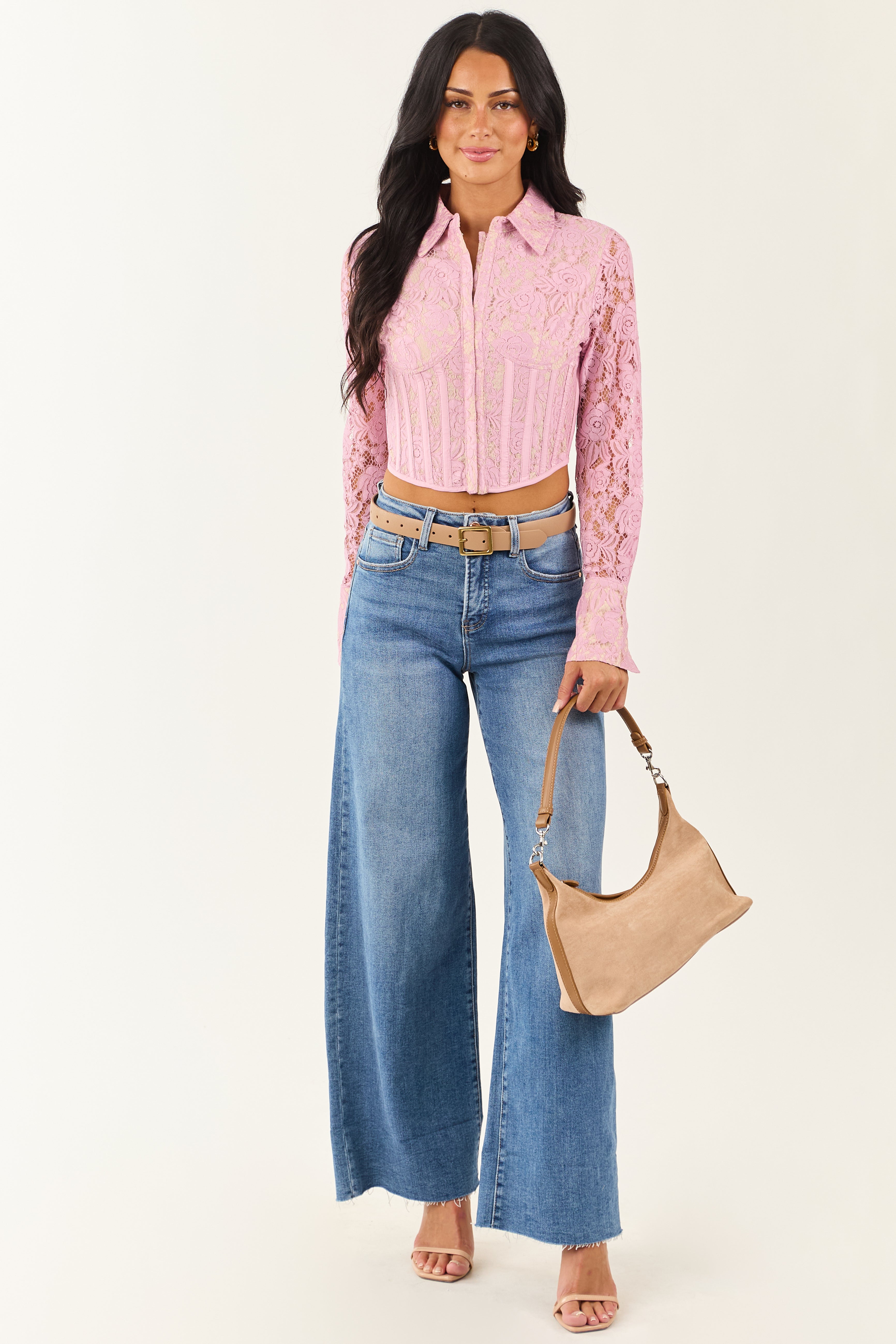 トップス long blouse tee pois Mauve Floral Lace Button Down Corset Long Sleeve Top | Lime Lush