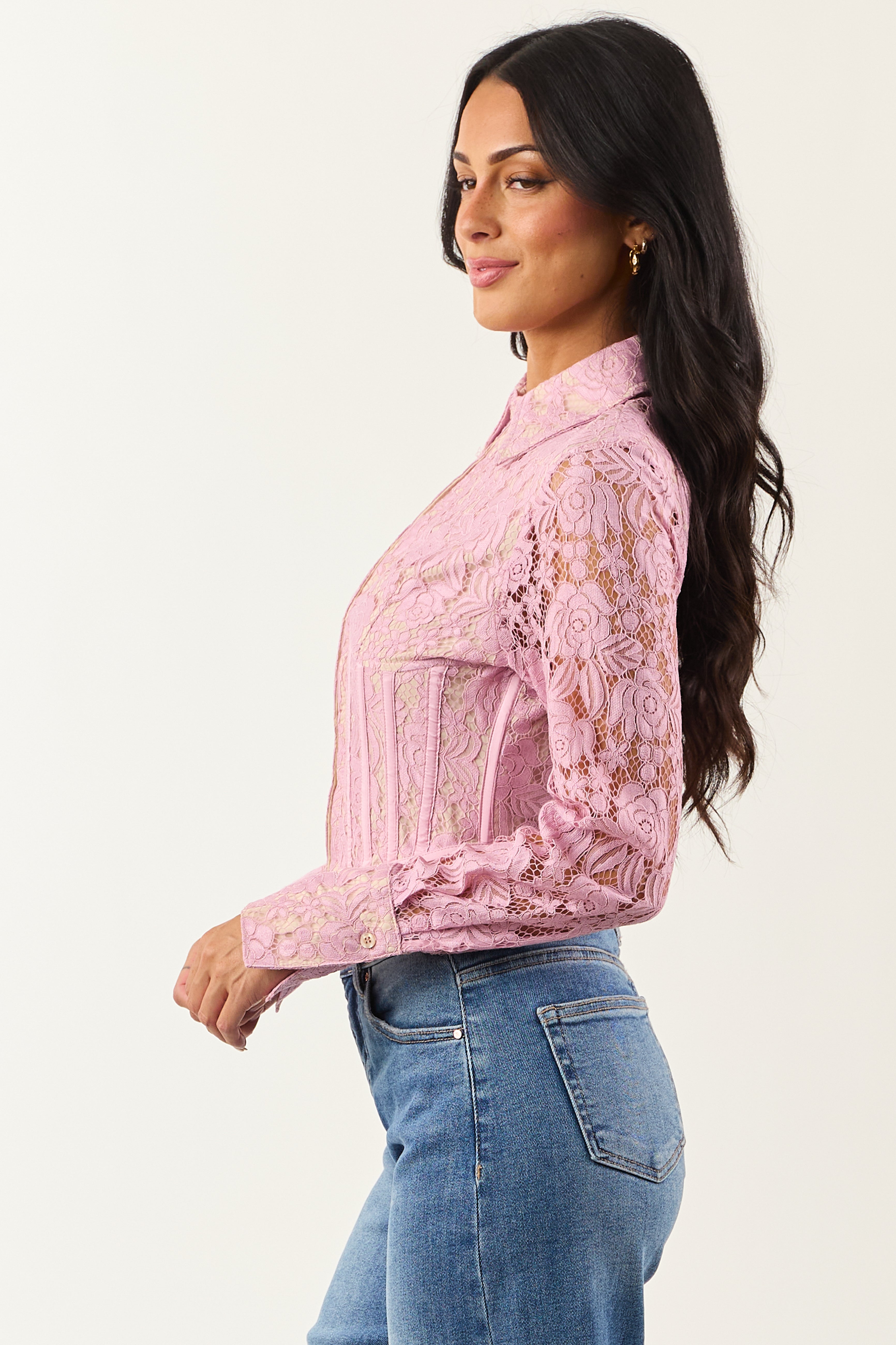 Mauve Floral Lace Button Down Corset Long Sleeve Top | Lime Lush