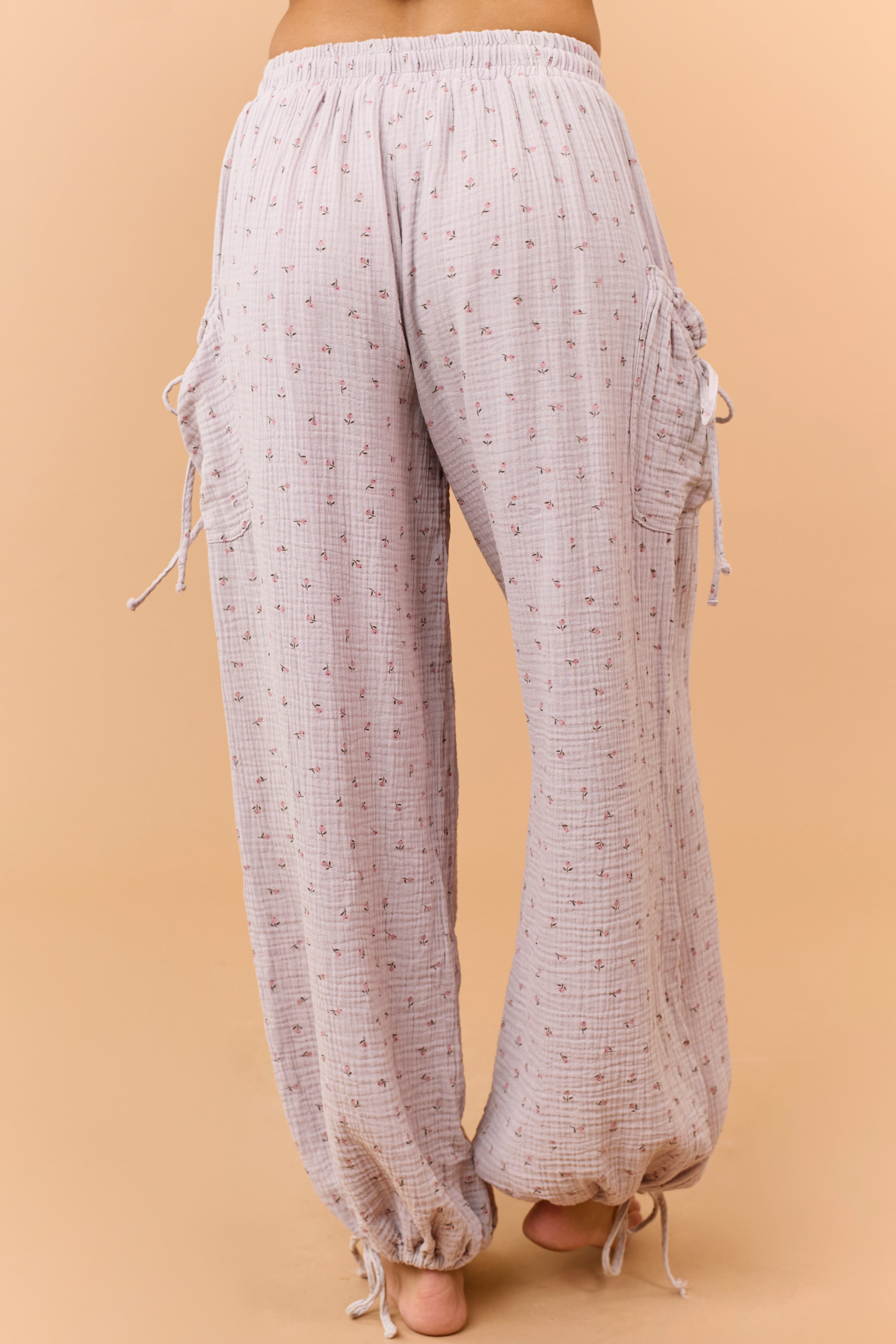 Mauve Floral Print Cotton Gauze Drawstring Pants