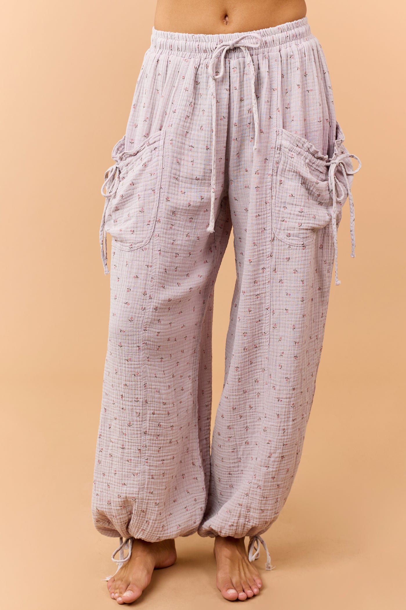 Mauve Floral Print Cotton Gauze Drawstring Pants
