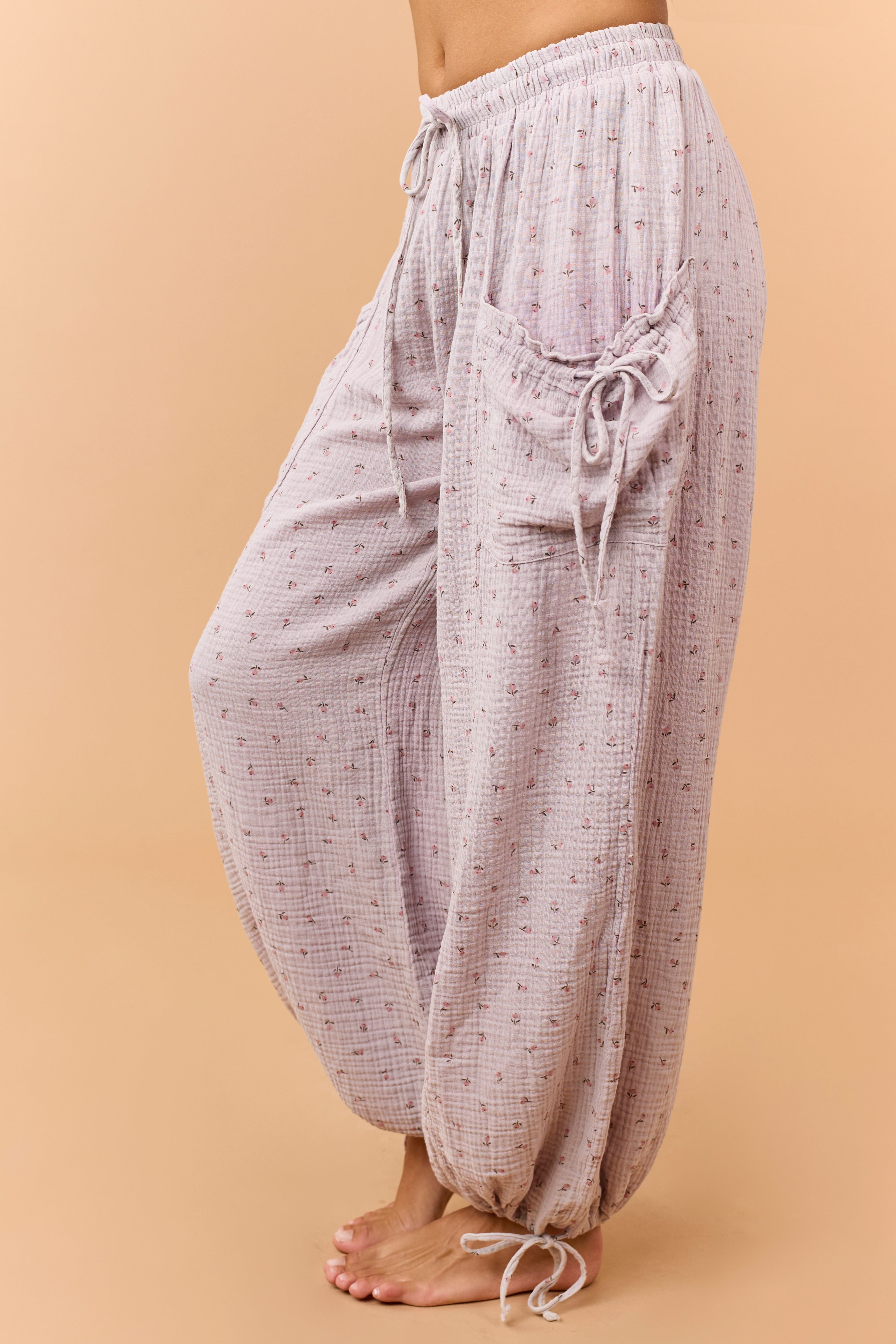Mauve Floral Print Cotton Gauze Drawstring Pants