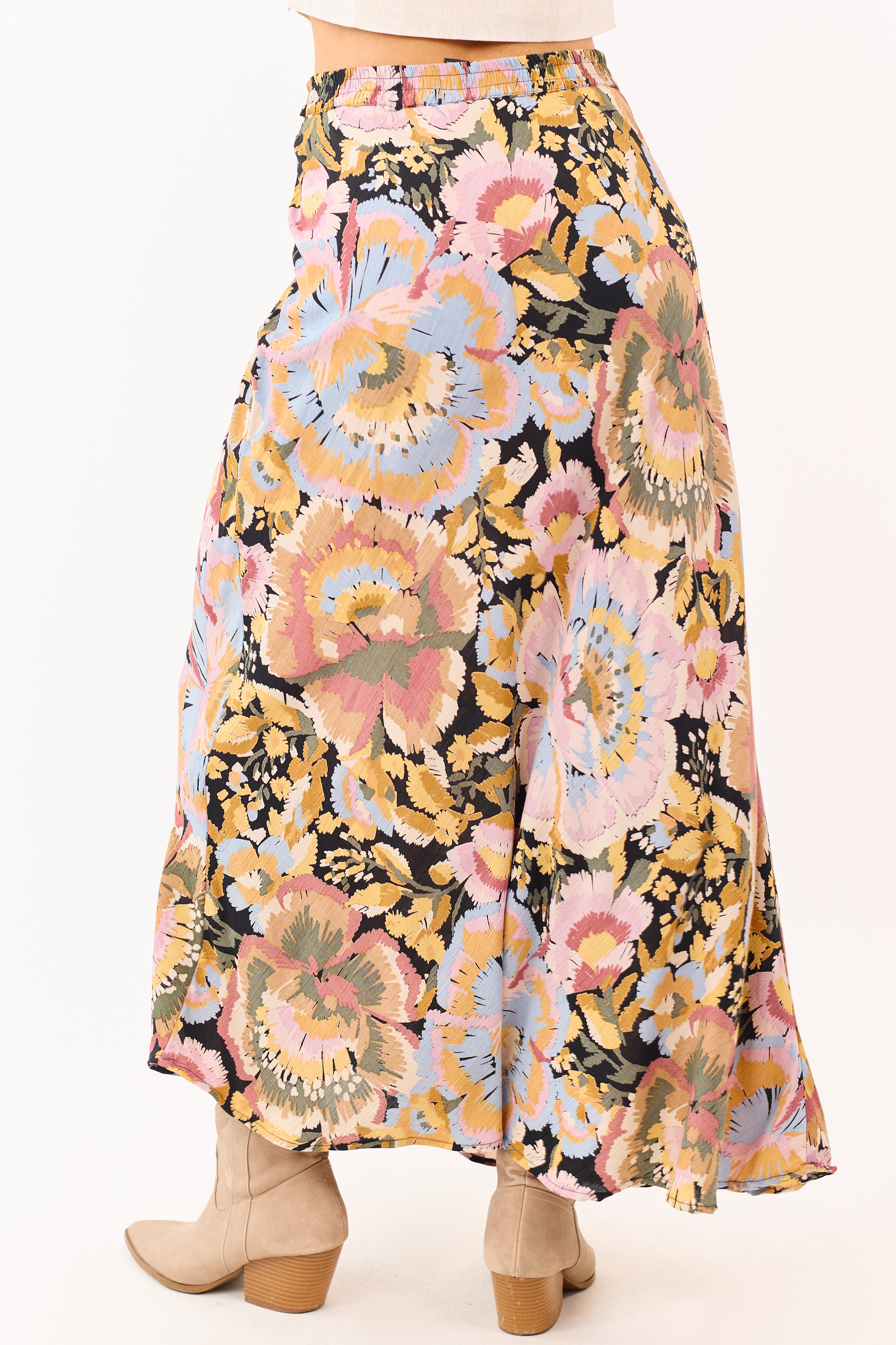 Mauve Floral Print Elastic Waist Flowy Maxi Skirt