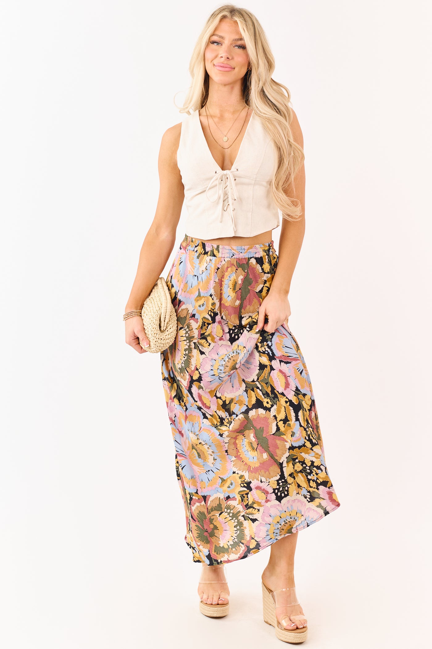 Mauve Floral Print Elastic Waist Flowy Maxi Skirt